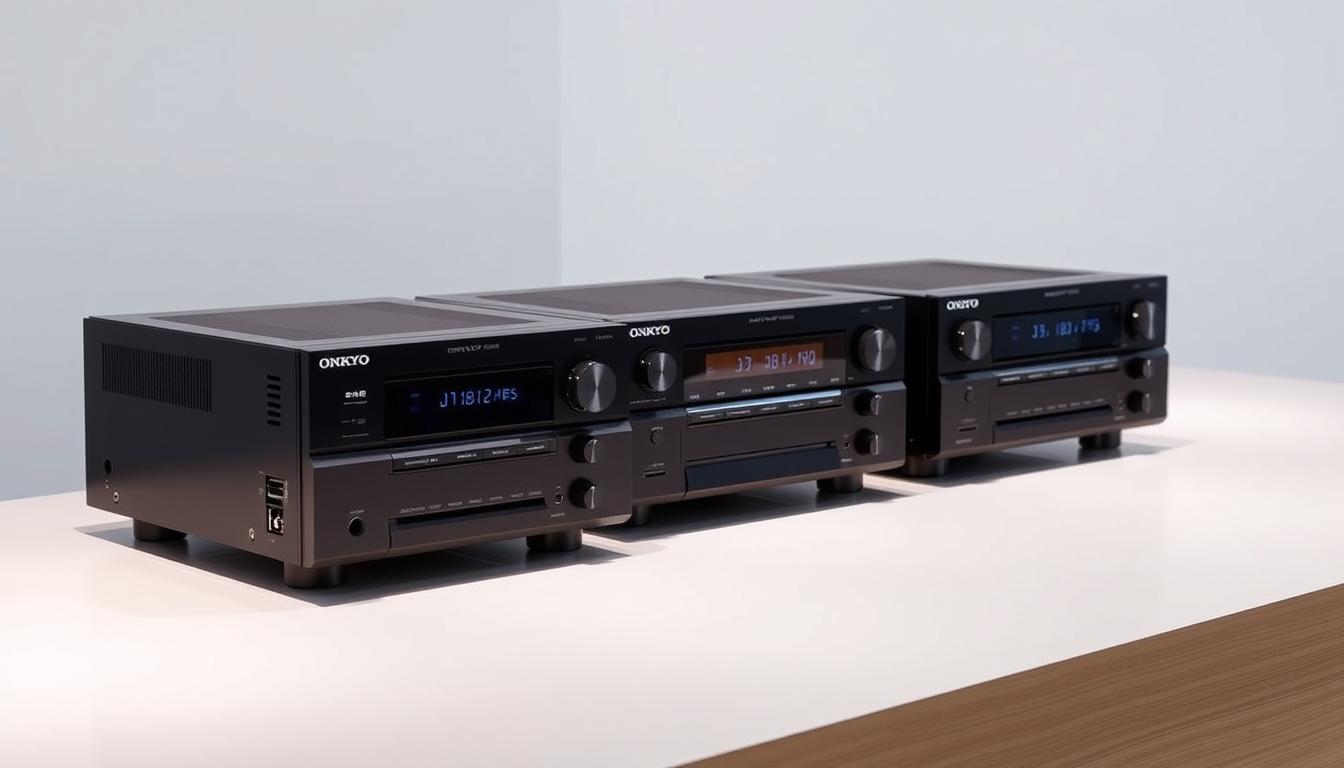 A sleek, modern, and well-lit display showcasing three Onkyo AV receivers arranged in a row. The receivers are presented at an angle, allowing a clear view of their front panels, control knobs, and connectivity options. The receivers are positioned on a clean, minimalist surface, perhaps a wooden or glass tabletop, against a simple, neutral-colored background that allows the products to take center stage. Subtle reflections on the surfaces create a sense of depth and sophistication. The lighting is carefully crafted to highlight the receivers' features and create a sense of depth and dimensionality. The overall composition is balanced, visually appealing, and effectively conveys the key details of the Onkyo receiver models.