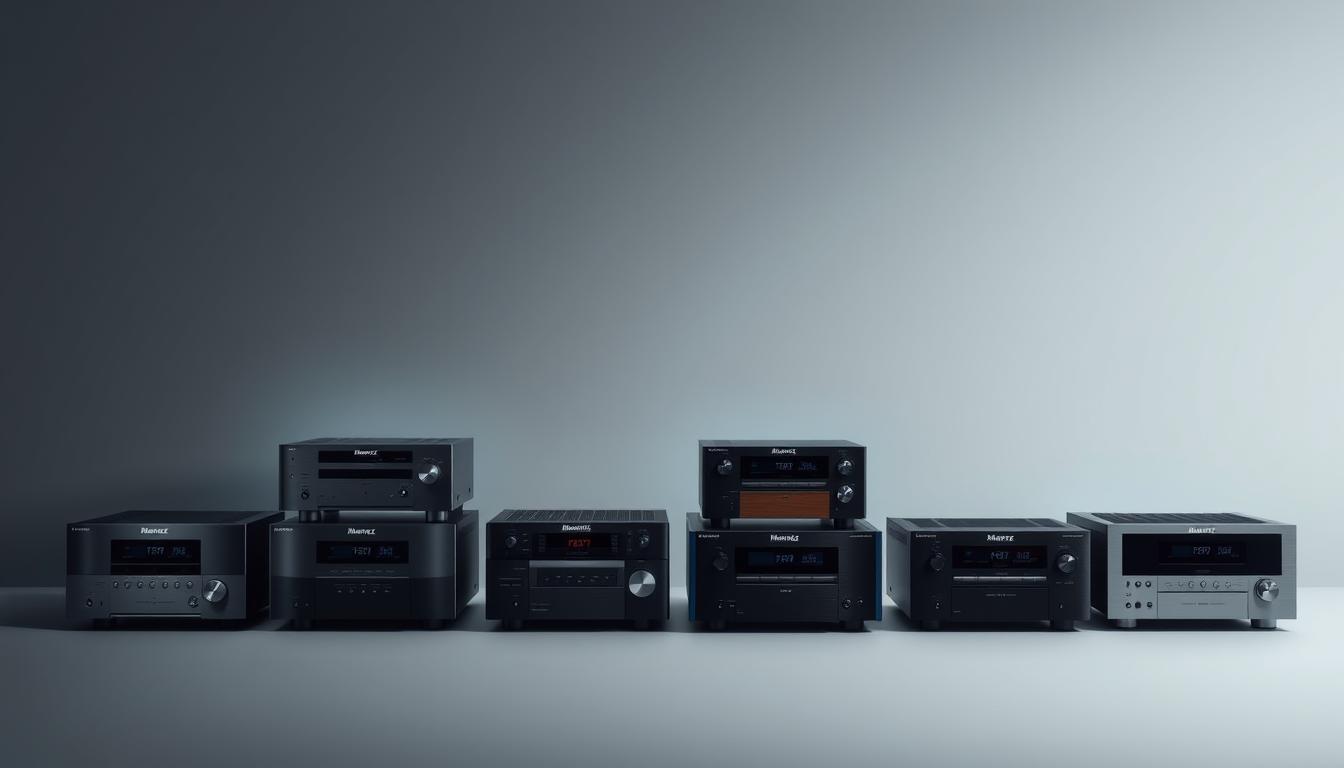 A sleek, modern arrangement of Marantz receiver models displayed against a minimalist, gray background. The receivers are positioned in a linear, tiered layout, showcasing their distinctive designs and control panels. Subtle ambient lighting accentuates the brushed metal and wood accents, creating a sense of depth and highlighting the evolving aesthetics over the years. The image conveys a clean, high-fidelity atmosphere, inviting the viewer to explore the technological advancements and innovations within the Marantz lineup.