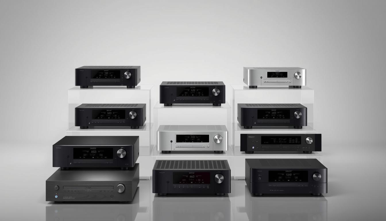 A sleek, modern arrangement of NAD receiver models from the 2010s, showcasing the evolution of network integration and streaming capabilities. The receivers are displayed in a minimalist, well-lit studio setting with a soft, diffused lighting that highlights their clean lines and premium finishes. The models are arranged in a visually appealing grid, allowing the viewer to compare their distinctive features and designs. The background is a neutral, gradient-based color palette that complements the receivers' sophisticated aesthetic, creating a sense of harmony and focus on the subject matter. The overall composition conveys the advancements in network connectivity and digital audio streaming that defined the NAD brand during this pivotal decade.