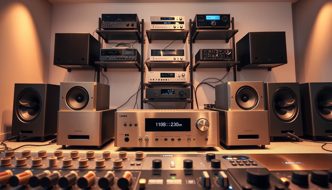 A sleek, modern arrangement of high-fidelity audio components arranged in a visually striking multi-zone setup. In the foreground, various inputs and outputs are neatly organized, including knobs, dials, and LED-backlit displays. The middle ground features a central amplifier unit, flanked by satellite speakers in a symmetrical layout. In the background, a minimalist wall-mounted rack holds additional signal processors, network switches, and other interconnected devices, all bathed in a warm, focused lighting that accentuates the brushed metal and glossy finishes. The overall scene conveys a sense of technological sophistication and audiophile-grade performance tailored for a seamless, immersive multi-zone listening experience.