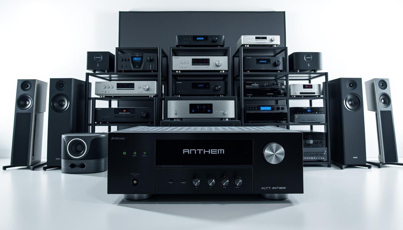 A sleek, modern arrangement of premium audio equipment from leading brands, including Anthem, showcased in a well-lit studio setting. In the foreground, the latest Anthem receiver model takes center stage, its elegant design and premium materials highlighted by directional lighting. Surrounding it, other high-end components like speakers, amplifiers, and media players from respected audio manufacturers are neatly displayed, creating a harmonious and visually appealing comparison. The middle ground features a minimal, minimalist backdrop, allowing the equipment to be the focal point. The overall scene conveys a sense of sophistication, attention to detail, and the quality craftsmanship that defines the Anthem brand and its competition within the premium audio market.