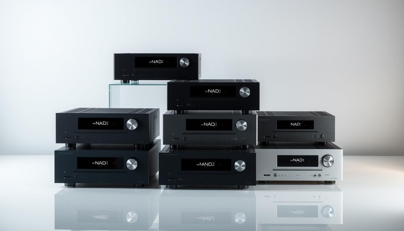 A sleek, modern arrangement of several NAD audio receivers showcased in a stylish, minimalist setting. The receivers are displayed on a clean, reflective surface, allowing their elegant designs to take center stage. Soft, directional lighting illuminates the products, highlighting their premium finishes and precise details. The background is a simple, muted color that complements the receivers without distracting. The overall composition emphasizes the comparison of the different NAD models, inviting the viewer to appreciate the subtle design variations and features that distinguish each receiver.