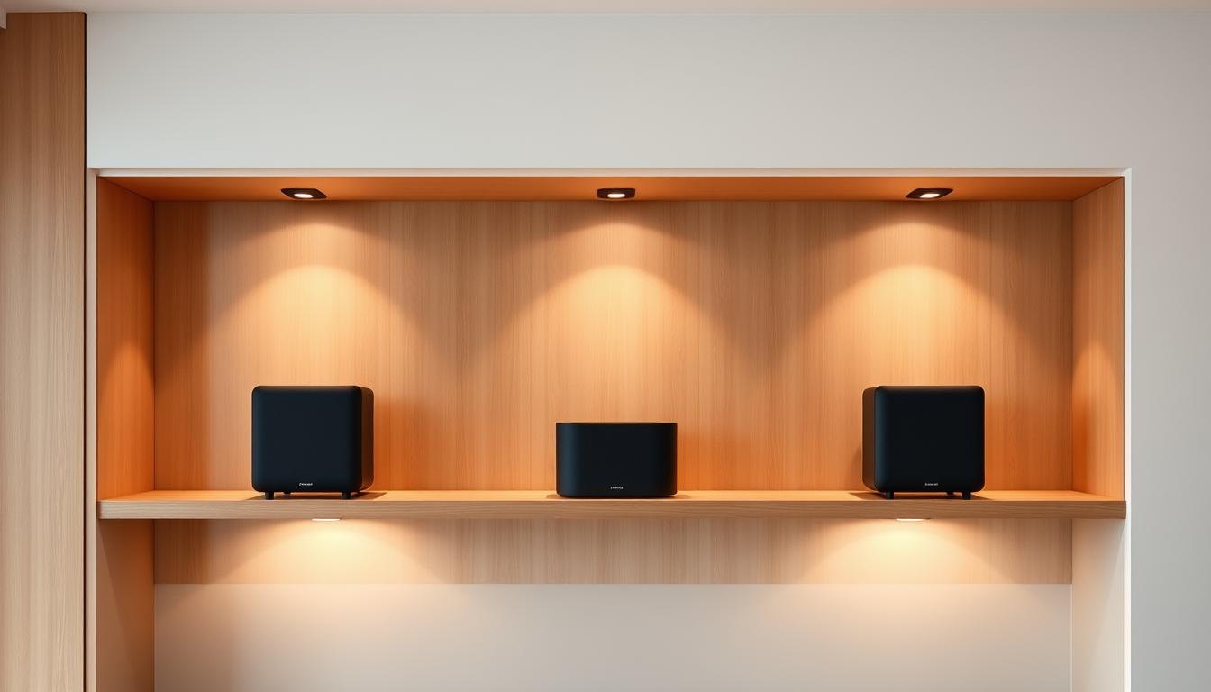 A sleek, modern arrangement of wireless multi-room speakers in a minimalist, well-lit home interior. Three distinct speakers evenly spaced on floating shelves, their seamless, matte black casings complementing the warm wood tones and neutral palette of the room. Diffused, directional lighting accentuates the clean lines and subtle curves of the speakers, conveying a sense of high-fidelity audio technology integrated harmoniously into the living space. The scene exudes sophistication and attention to detail, reflecting the advanced capabilities of multi-room audio systems.