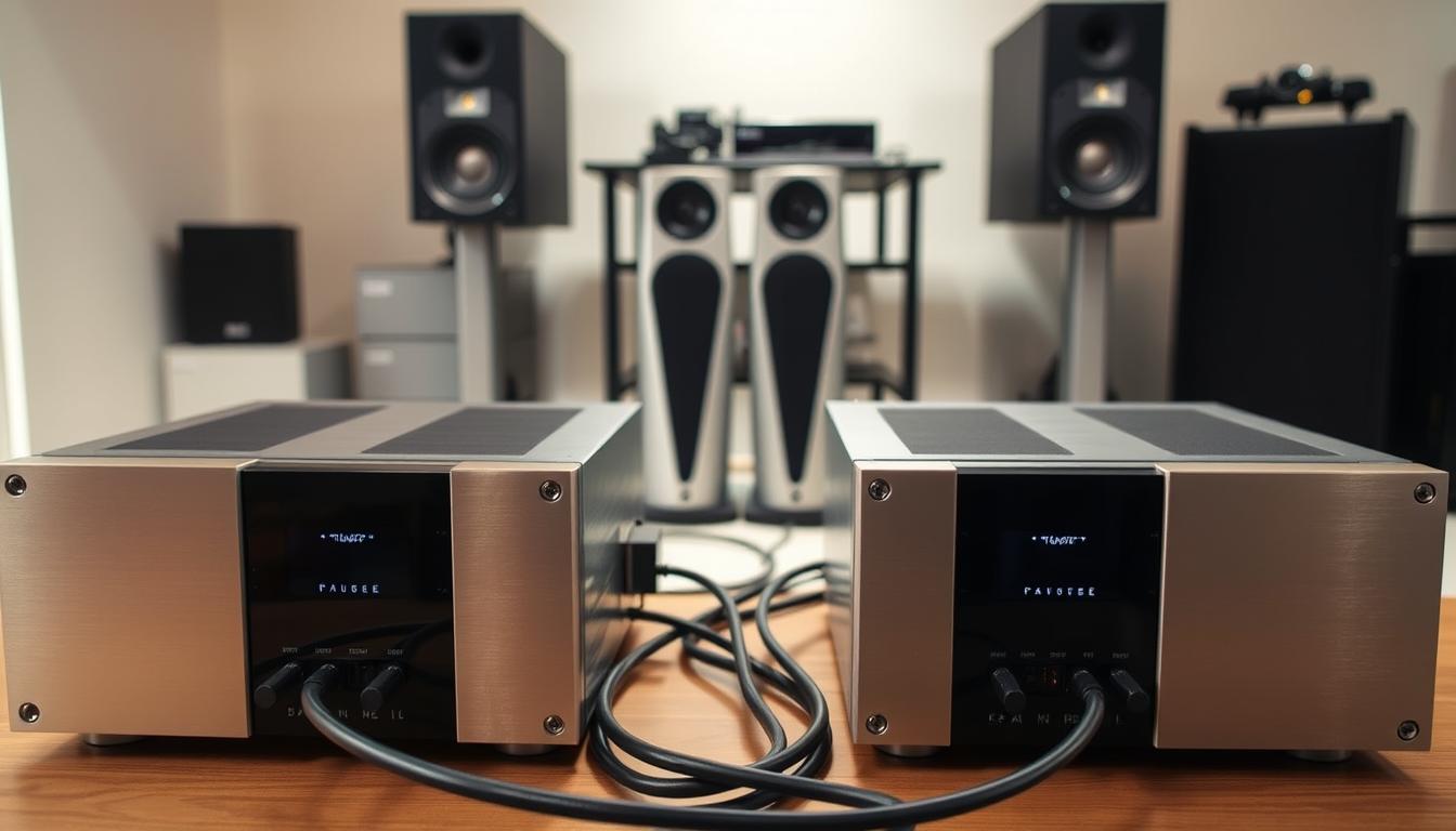 A sleek, modern audio equipment setup showcasing a bi-amped connection. In the foreground, two high-end audio amplifiers sit side-by-side, their elegant brushed metal casings gleaming under warm, focused lighting. Cables in a minimalist black and silver color scheme neatly connect the amplifiers to a pair of sophisticated loudspeakers in the middle ground, their minimalist, geometric design complementing the technical aesthetic. The background is a clean, uncluttered workspace, with a hint of sophisticated audio equipment visible, creating an atmosphere of precision, power, and audiophile refinement. A sleek, modern audio equipment setup showcasing a bi-amped connection. In the foreground, two high-end audio amplifiers sit side-by-side, their elegant brushed metal casings gleaming under warm, focused lighting. Cables in a minimalist black and silver color scheme neatly connect the amplifiers to a pair of sophisticated loudspeakers in the middle ground, their minimalist, geometric design complementing the technical aesthetic. The background is a clean, uncluttered workspace, with a hint of sophisticated audio equipment visible, creating an atmosphere of precision, power, and audiophile refinement.