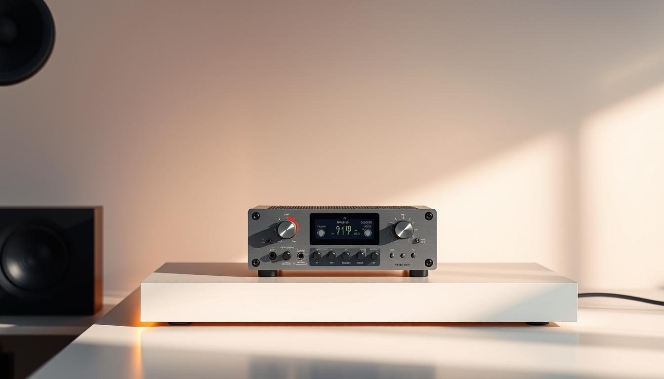 A sleek, modern audio interface with precision-tuned dials and sliders sits atop a minimalist desk, bathed in warm, directional lighting. The interface's display shows a visual representation of audio levels and settings, with a simple, intuitive UI. The background is a soft, muted gradient, creating a focused, professional atmosphere. The whole scene conveys a sense of control, optimization, and the pursuit of audio perfection.