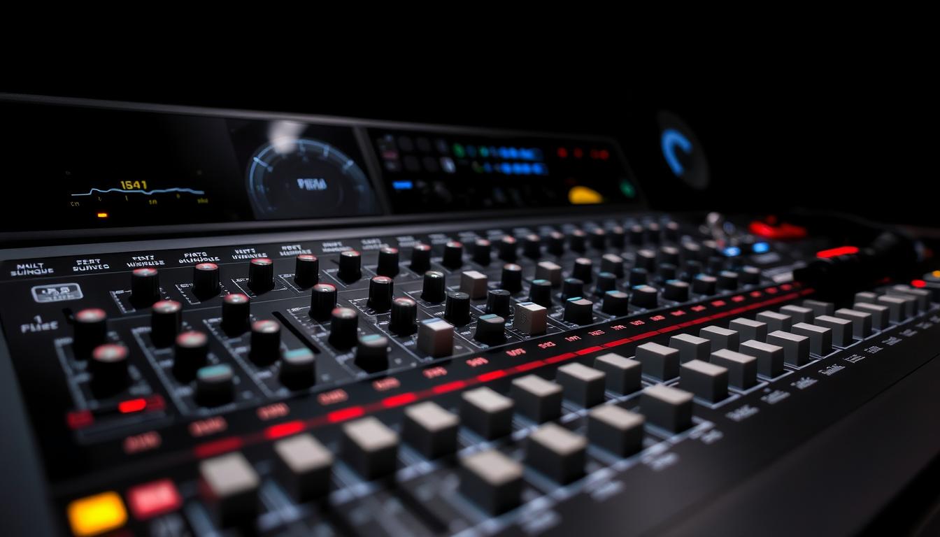 A sleek, modern audio mixing console with an array of adjustable equalizer sliders, knobs, and meters. The console is set against a dark, minimalist background, with just enough ambient lighting to highlight the silver and black details of the equipment. The focus is on the equalizer section, with the sliders representing the different frequency bands positioned prominently in the center of the frame. The overall atmosphere is one of precision, control, and audio engineering expertise, hinting at the importance of fine-tuning sound parameters for optimal dialogue clarity. A sleek, modern audio mixing console with an array of adjustable equalizer sliders, knobs, and meters. The console is set against a dark, minimalist background, with just enough ambient lighting to highlight the silver and black details of the equipment. The focus is on the equalizer section, with the sliders representing the different frequency bands positioned prominently in the center of the frame. The overall atmosphere is one of precision, control, and audio engineering expertise, hinting at the importance of fine-tuning sound parameters for optimal dialogue clarity.