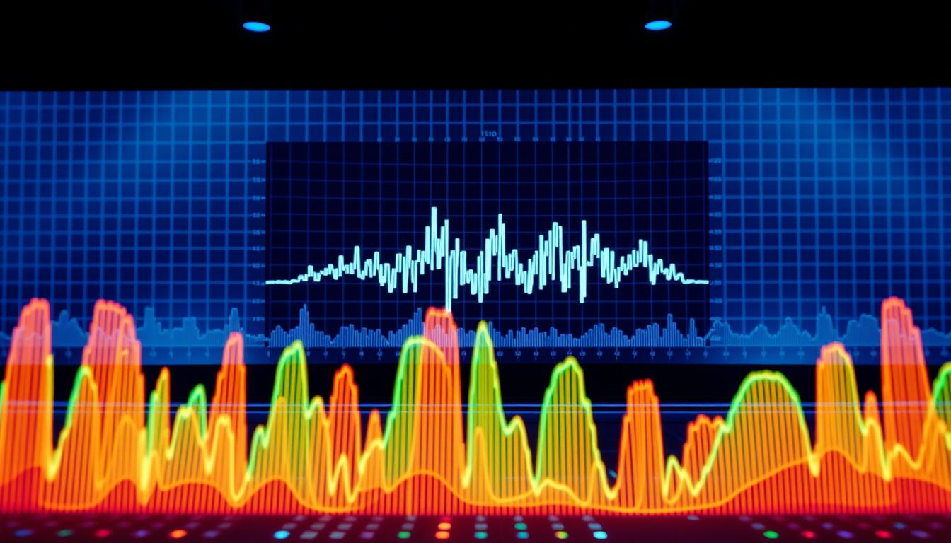 A sleek, modern audio visualization of TV sound frequencies. In the foreground, a dynamic array of vibrant, pulsing waveforms reflecting the various frequencies and harmonics of audio signals. In the middle ground, a minimalist, monochromatic display showing the spectral analysis of the audio, with crisp, clean lines and gradients. In the background, a dimly lit, subtle grid pattern suggesting the technical underpinnings of the audio system. The entire scene is bathed in a cool, blue-tinted lighting, creating a sophisticated, high-tech atmosphere evocative of professional audio equipment and television production. A sleek, modern audio visualization of TV sound frequencies. In the foreground, a dynamic array of vibrant, pulsing waveforms reflecting the various frequencies and harmonics of audio signals. In the middle ground, a minimalist, monochromatic display showing the spectral analysis of the audio, with crisp, clean lines and gradients. In the background, a dimly lit, subtle grid pattern suggesting the technical underpinnings of the audio system. The entire scene is bathed in a cool, blue-tinted lighting, creating a sophisticated, high-tech atmosphere evocative of professional audio equipment and television production.