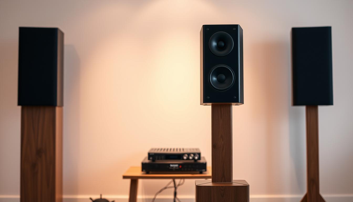 A sleek, modern center speaker configuration against a softly lit backdrop. The speaker stands proudly on a minimalist, wooden stand, its clean lines and subtle curves accentuated by a warm, directional lighting. The matte black finish reflects the surrounding environment, creating a sense of depth and integration. In the middle ground, a hint of audio equipment - perhaps a mixer or amplifier - adds a technical, professional touch, while the background fades into a soft, neutral palette, allowing the speaker to be the focal point. The overall mood is one of refined simplicity, showcasing the importance of a well-designed center channel for clear, immersive dialogue. A sleek, modern center speaker configuration against a softly lit backdrop. The speaker stands proudly on a minimalist, wooden stand, its clean lines and subtle curves accentuated by a warm, directional lighting. The matte black finish reflects the surrounding environment, creating a sense of depth and integration. In the middle ground, a hint of audio equipment - perhaps a mixer or amplifier - adds a technical, professional touch, while the background fades into a soft, neutral palette, allowing the speaker to be the focal point. The overall mood is one of refined simplicity, showcasing the importance of a well-designed center channel for clear, immersive dialogue.