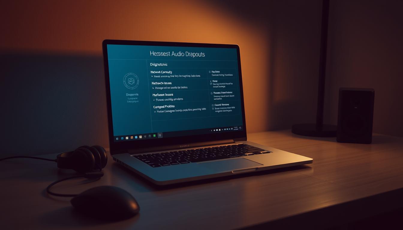 A sleek, modern desktop setup with a laptop, mouse, and headphones, all in a dimly lit room. The laptop screen displays a diagnostic interface, highlighting potential causes of audio dropouts, such as network connectivity, hardware issues, and software configuration problems. The room is bathed in a soft, warm lighting, creating a contemplative atmosphere, as the user examines the problem at hand. A sleek, modern desktop setup with a laptop, mouse, and headphones, all in a dimly lit room. The laptop screen displays a diagnostic interface, highlighting potential causes of audio dropouts, such as network connectivity, hardware issues, and software configuration problems. The room is bathed in a soft, warm lighting, creating a contemplative atmosphere, as the user examines the problem at hand.