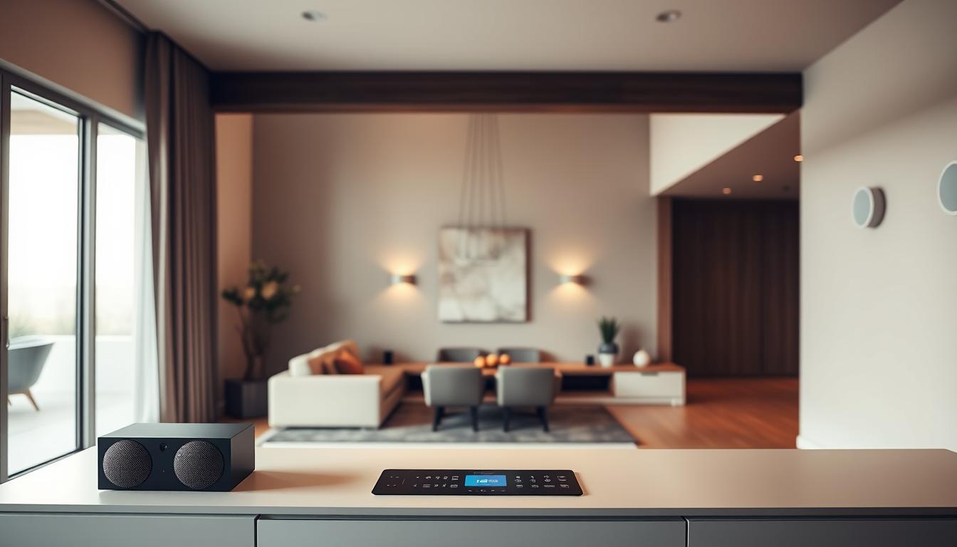 A sleek, modern home interior with strategically placed wireless audio speakers and control panels. The foreground features a clean, minimalist entertainment unit with discreetly integrated speakers and a touchpad interface. The middle ground showcases several satellite speakers mounted on the walls, seamlessly blending into the decor. The background reveals elegant, open-concept living spaces with high ceilings and large windows, bathed in warm, ambient lighting, creating a cozy, immersive audio experience. The overall scene conveys a sense of technology-enabled comfort and effortless whole-home audio distribution.