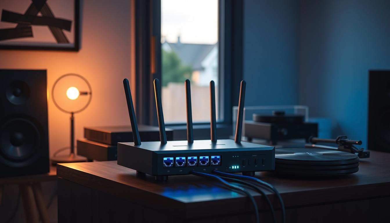 A sleek, modern home network hub with multiple ethernet ports and wireless antennas, bathed in a soft, blue-tinted lighting. The device sits atop a minimalist wooden desk, surrounded by elegant audio equipment - speakers, amplifiers, and a turntable. The room is dimly lit, creating a cozy, focused atmosphere for secure home audio networking. The hub's status indicators glow subtly, conveying a sense of reliable, discreet protection for the connected audio devices. Streamlined cable management routes wires neatly, emphasizing the system's seamless, secure integration. An open window in the background offers a glimpse of a serene, suburban neighborhood, hinting at the broader context of the home's connectivity.