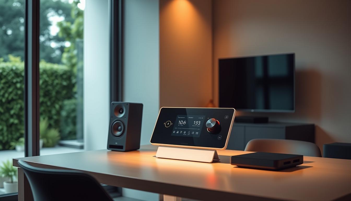 A sleek, modern home office setup with a central smart audio control panel prominently displayed on a minimalist desk. The panel features intuitive touch controls and a digital display, allowing seamless adjustment of multiple indoor and outdoor audio zones. Warm, directional lighting from above illuminates the setup, casting subtle shadows and highlighting the clean, sophisticated design. In the background, a large window overlooks a lush, verdant outdoor area, hinting at the integration of the indoor and outdoor audio systems for a truly immersive soundscape.