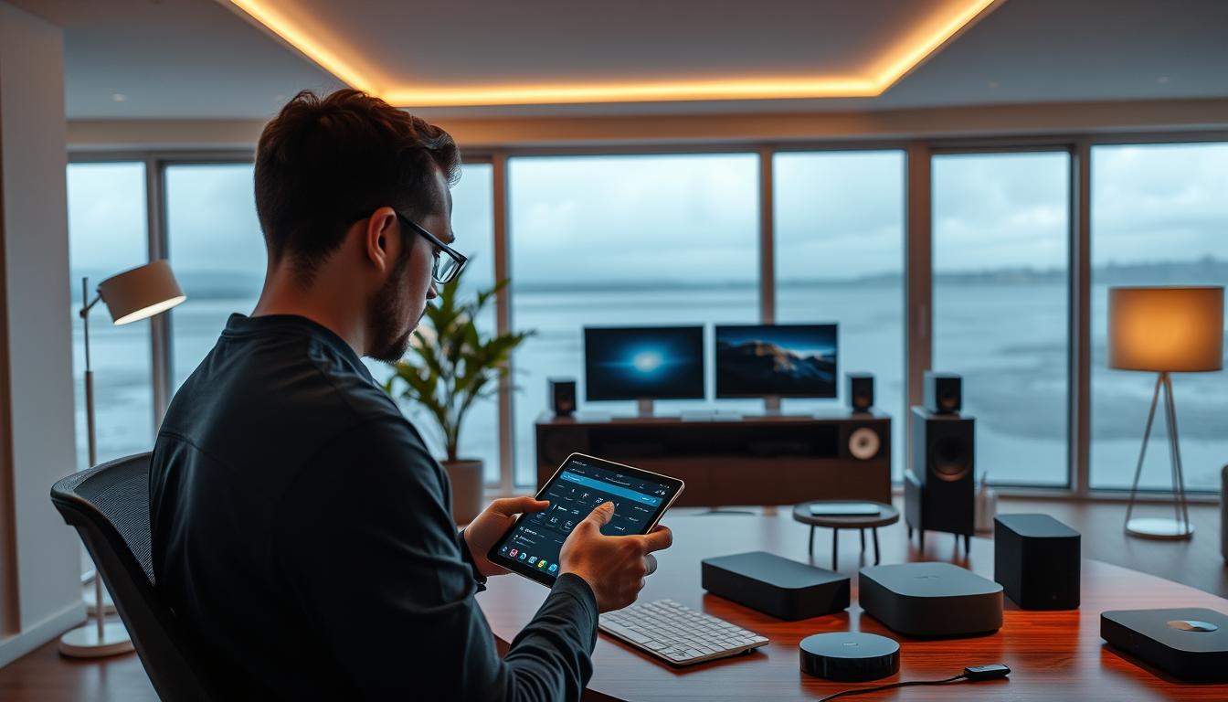 A sleek, modern home office setup with a central smart speaker system. In the foreground, a person intently examining the multi-zone audio controls on a tablet, troubleshooting connectivity issues. Elegant task lighting illuminates the scene, creating a warm, focused atmosphere. In the middle ground, various smart home devices are neatly arranged, including speakers, displays, and a router. The background features large windows overlooking a serene, minimalist landscape, suggesting a high-end, state-of-the-art smart home environment.