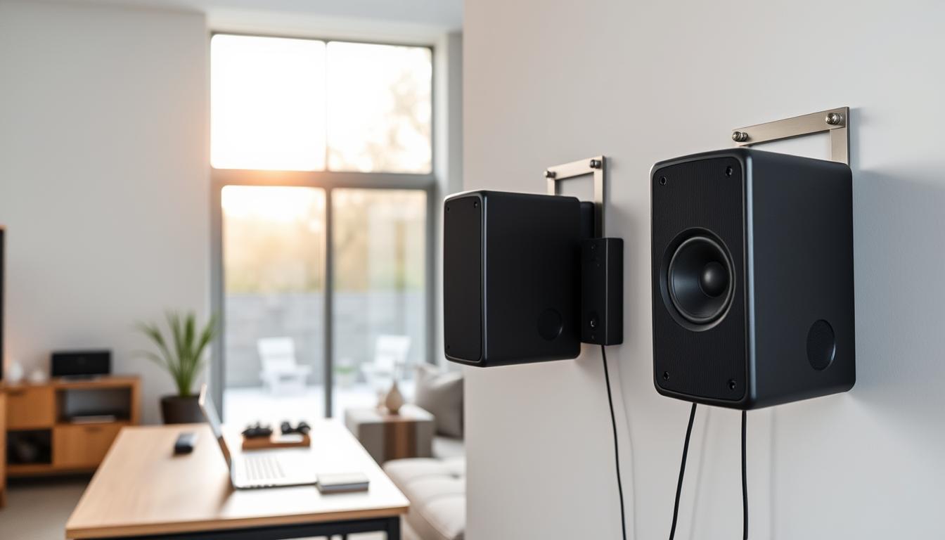 A sleek, modern home office with an innovative audio setup mounted on the wall without any visible wiring or brackets. In the foreground, a pair of high-end bookshelf speakers are securely attached to the wall using a discreet, minimalist mounting solution. The mid-ground features a clean, uncluttered workspace with a laptop and other accessories, all harmoniously integrated. In the background, a large window provides natural lighting, casting a warm, inviting glow and a sense of openness. The overall scene conveys a seamless, technology-enhanced living space that prioritizes both style and functionality.