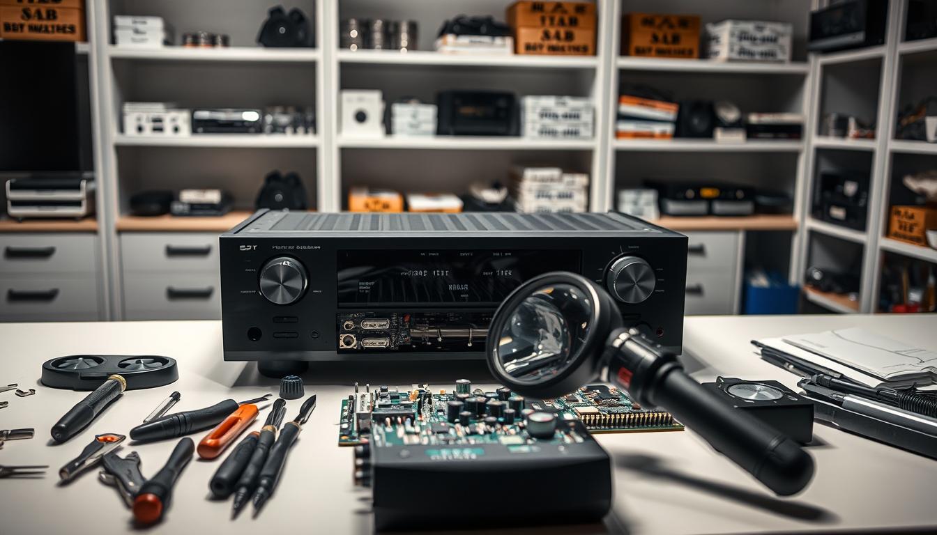 A sleek, modern home theater receiver repair station, showcasing a disassembled unit on a well-lit workbench. The foreground features various tools and electronic components neatly arranged, hinting at the intricate diagnostics process. The middle ground displays the receiver's internal circuits and boards, meticulously examined under a magnifying glass. The background depicts a minimalist, well-organized workshop environment, with shelves of spare parts and reference materials providing a sense of technical expertise. The lighting is soft and directional, casting subtle shadows that emphasize the precision and care required for this delicate repair work. An atmosphere of focused problem-solving and technical mastery permeates the scene. A sleek, modern home theater receiver repair station, showcasing a disassembled unit on a well-lit workbench. The foreground features various tools and electronic components neatly arranged, hinting at the intricate diagnostics process. The middle ground displays the receiver's internal circuits and boards, meticulously examined under a magnifying glass. The background depicts a minimalist, well-organized workshop environment, with shelves of spare parts and reference materials providing a sense of technical expertise. The lighting is soft and directional, casting subtle shadows that emphasize the precision and care required for this delicate repair work. An atmosphere of focused problem-solving and technical mastery permeates the scene.