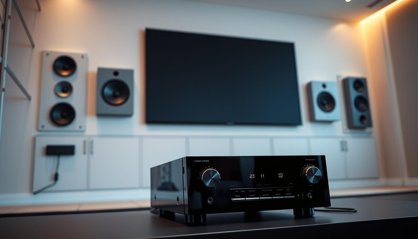 A sleek, modern home theater setup with a centralized audio system. In the foreground, a glossy black audio receiver and amplifier unit prominently displayed, surrounded by a minimalist, monochrome aesthetic. In the middle ground, high-end speakers mounted seamlessly into the walls, their clean lines and neutral tones blending effortlessly into the decor. The background features a large, cinematic projection screen or flat-panel display, bathed in warm, ambient lighting that creates a cozy, immersive atmosphere. Subtle wire management and hidden connectivity ensure a clutter-free, integrated look. The overall impression is one of technological sophistication and seamless home entertainment experience.
