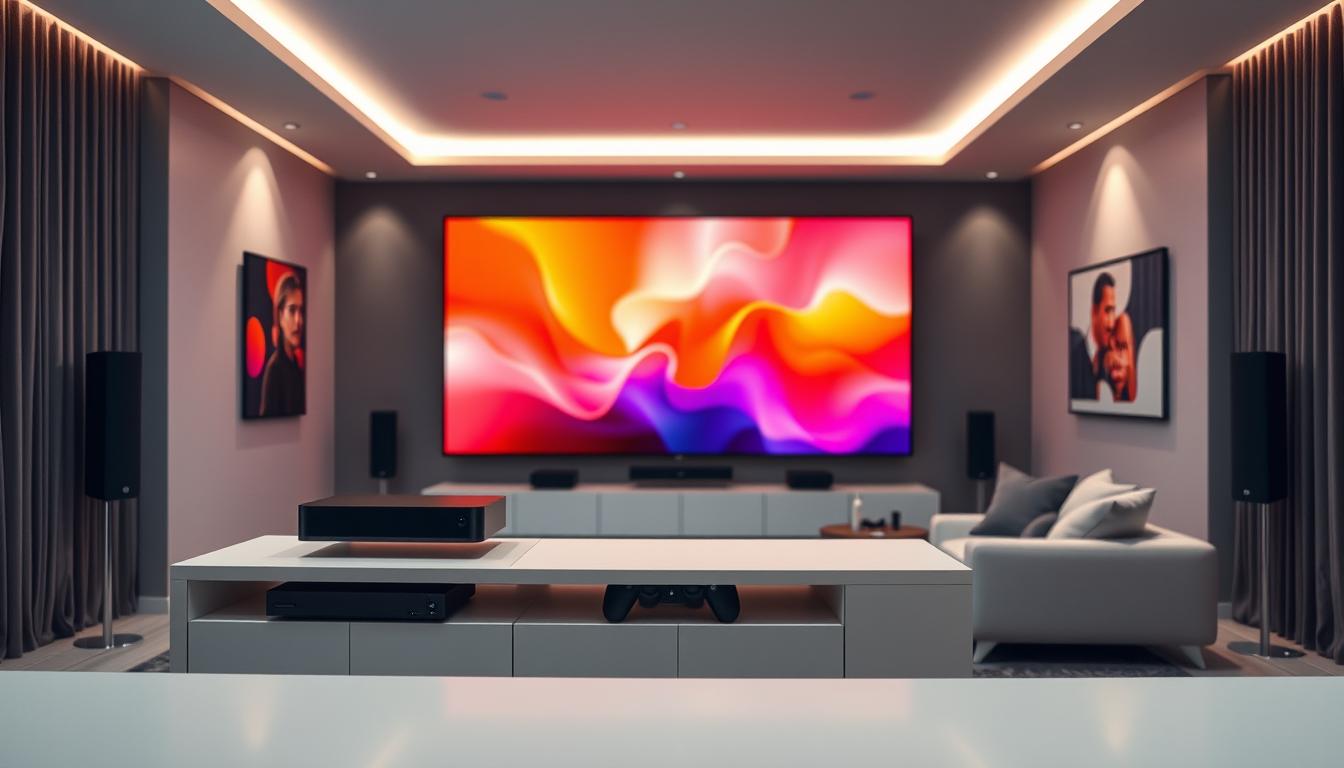 A sleek, modern home theater setup with a sophisticated, minimalist design. In the foreground, a high-end media console houses a state-of-the-art streaming device, game console, and surround sound system, all neatly organized and connected. The middle ground features a large, immersive display with vibrant, true-to-life colors and crisp, detailed visuals. Indirect, ambient lighting from hidden fixtures creates a warm, inviting atmosphere, while a clean, uncluttered layout and muted, neutral tones evoke a sense of calm and focus. In the background, a well-appointed living space with plush seating and tasteful decor completes the harmonious, optimized home theater experience.