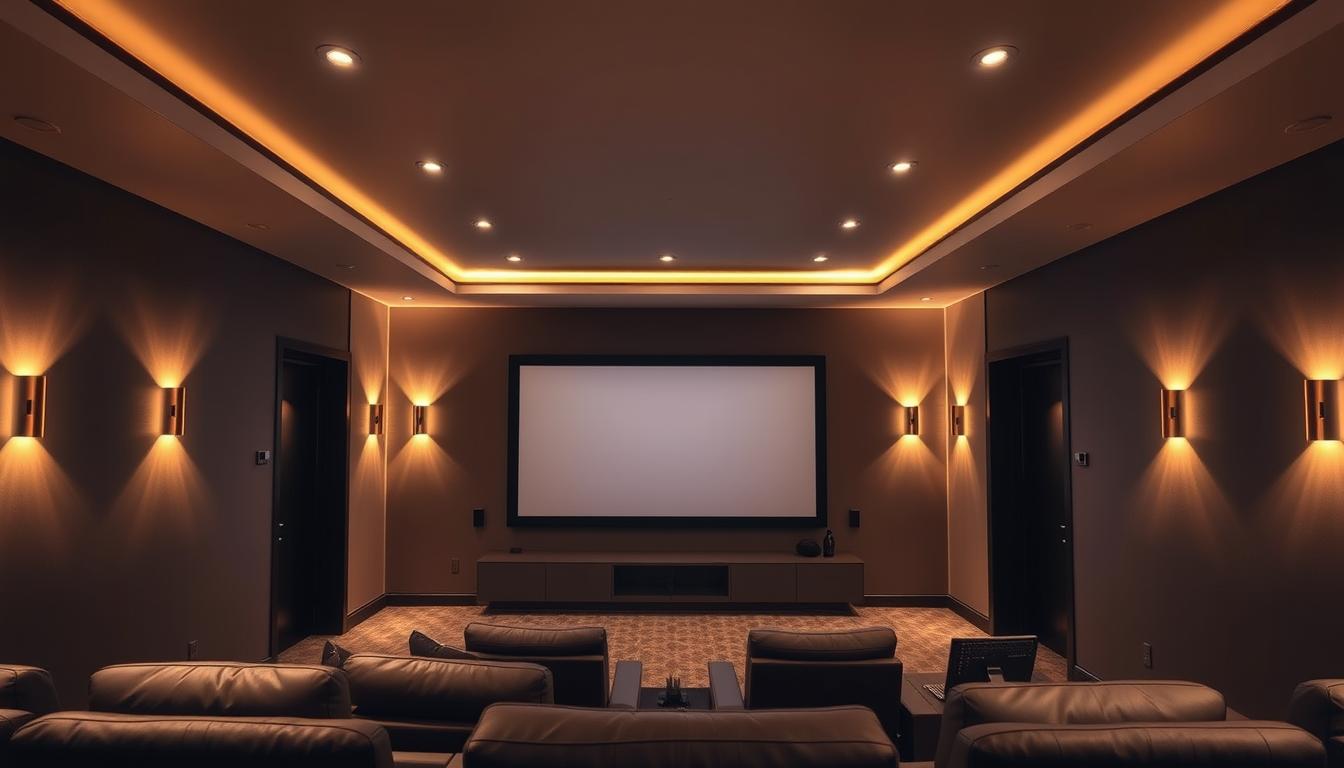 A sleek, modern home theater with seamless smart lighting automation. The room is bathed in a warm, ambient glow, with strategically placed recessed ceiling lights dimmed to create a cozy, cinematic atmosphere. Minimalist wall sconces provide subtle accent lighting, while a large, state-of-the-art flat-screen display dominates the center of the scene. Plush, leather seating arranged in a semicircle invites viewers to immerse themselves in the experience. Subtle, integrated lighting controls allow the homeowner to effortlessly adjust the mood and ambiance with the touch of a button, creating the perfect setting for an evening of entertainment. A sleek, modern home theater with seamless smart lighting automation. The room is bathed in a warm, ambient glow, with strategically placed recessed ceiling lights dimmed to create a cozy, cinematic atmosphere. Minimalist wall sconces provide subtle accent lighting, while a large, state-of-the-art flat-screen display dominates the center of the scene. Plush, leather seating arranged in a semicircle invites viewers to immerse themselves in the experience. Subtle, integrated lighting controls allow the homeowner to effortlessly adjust the mood and ambiance with the touch of a button, creating the perfect setting for an evening of entertainment.