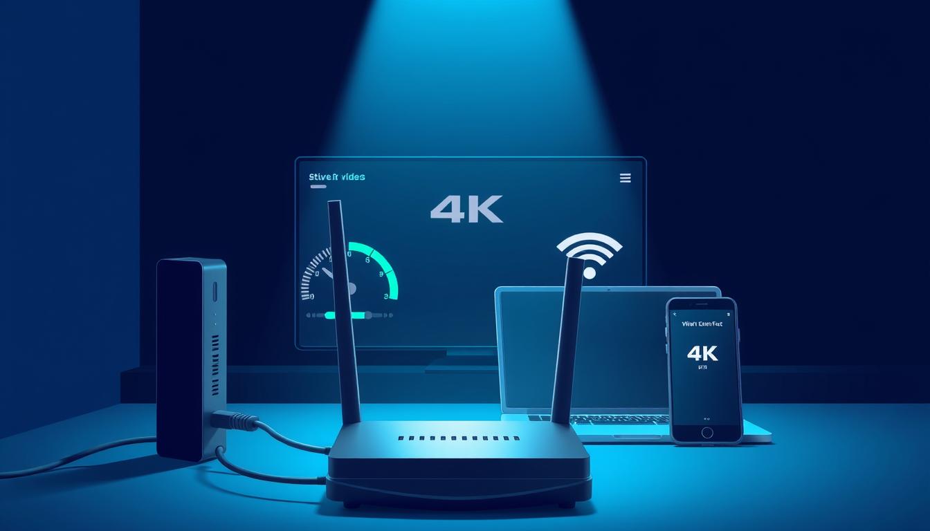 A sleek, modern illustration depicting the performance differences between ethernet and Wi-Fi connections for 4K streaming. In the foreground, a router and ethernet cable stand prominently, conveying a sense of stability and reliability. In the middle ground, a laptop and smartphone represent Wi-Fi devices, with speed bars indicating their lower throughput compared to the ethernet connection. The background features a stylized 4K video player, emphasizing the importance of a robust network for high-quality streaming. The scene is bathed in a cool, techno-centric color palette, with clean lines and minimal design elements to create a visually striking and informative image.