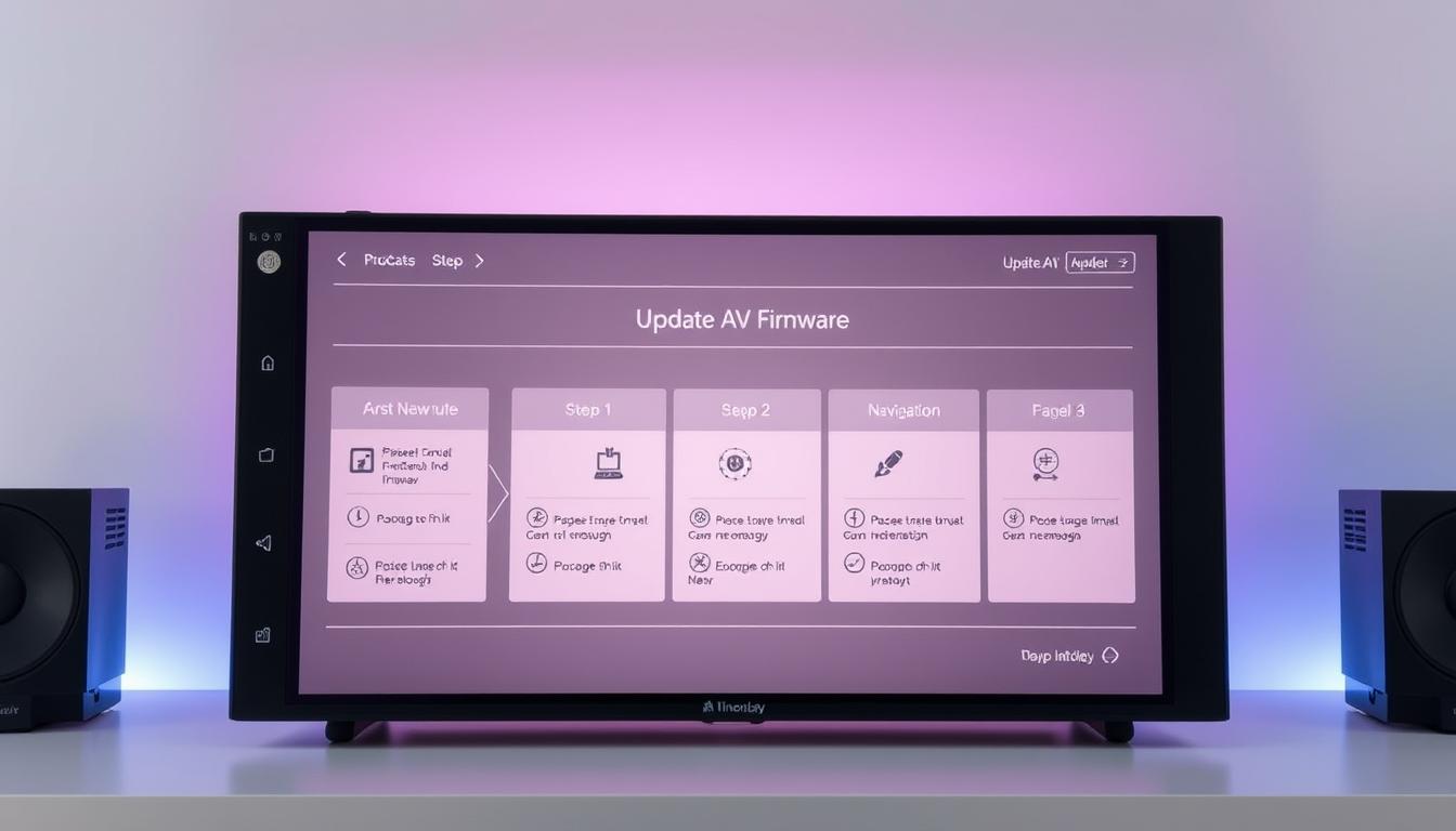 A sleek, modern interface for updating AV firmware, set against a clean, minimalist background. The screen displays a step-by-step guide with intuitive controls, navigation, and information panels. Soft lighting illuminates the display, creating a calm and professional atmosphere. The layout is well-organized, with clear icons and an uncluttered design that promotes ease of use. The overall impression is one of a sophisticated, user-friendly tool for maintaining and upgrading AV equipment.