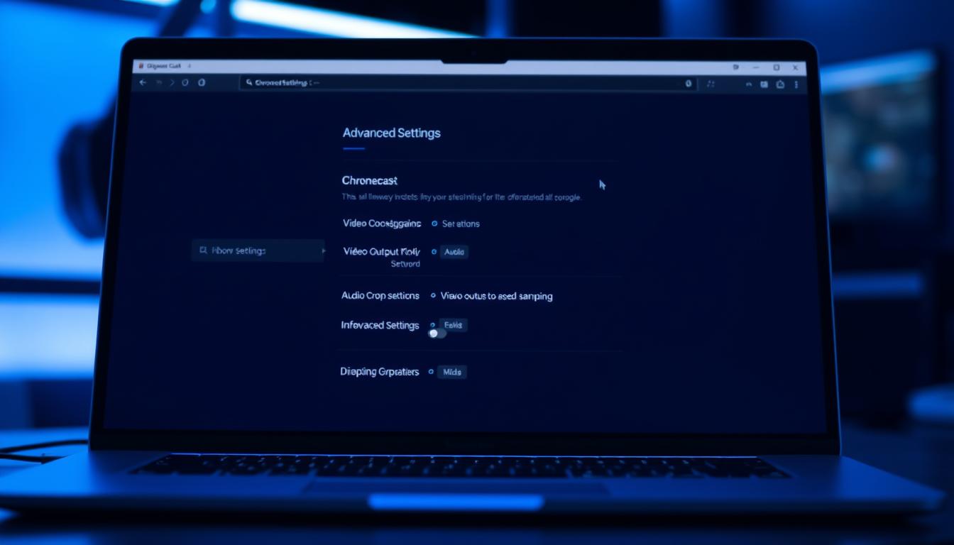 A sleek, modern laptop or desktop computer screen displaying the advanced settings menu for Google Chromecast. The screen is bathed in a cool, bluish lighting, creating a professional and technical atmosphere. In the foreground, the Chromecast settings are prominently featured, showcasing various optimization options such as network configuration, video output, and audio settings. The middle ground features subtle UI elements and icons, hinting at the depth of customization available. The background is slightly blurred, maintaining focus on the central settings panel. The overall impression is one of a powerful, yet intuitive system for fine-tuning the Chromecast device for seamless streaming performance. A sleek, modern laptop or desktop computer screen displaying the advanced settings menu for Google Chromecast. The screen is bathed in a cool, bluish lighting, creating a professional and technical atmosphere. In the foreground, the Chromecast settings are prominently featured, showcasing various optimization options such as network configuration, video output, and audio settings. The middle ground features subtle UI elements and icons, hinting at the depth of customization available. The background is slightly blurred, maintaining focus on the central settings panel. The overall impression is one of a powerful, yet intuitive system for fine-tuning the Chromecast device for seamless streaming performance.