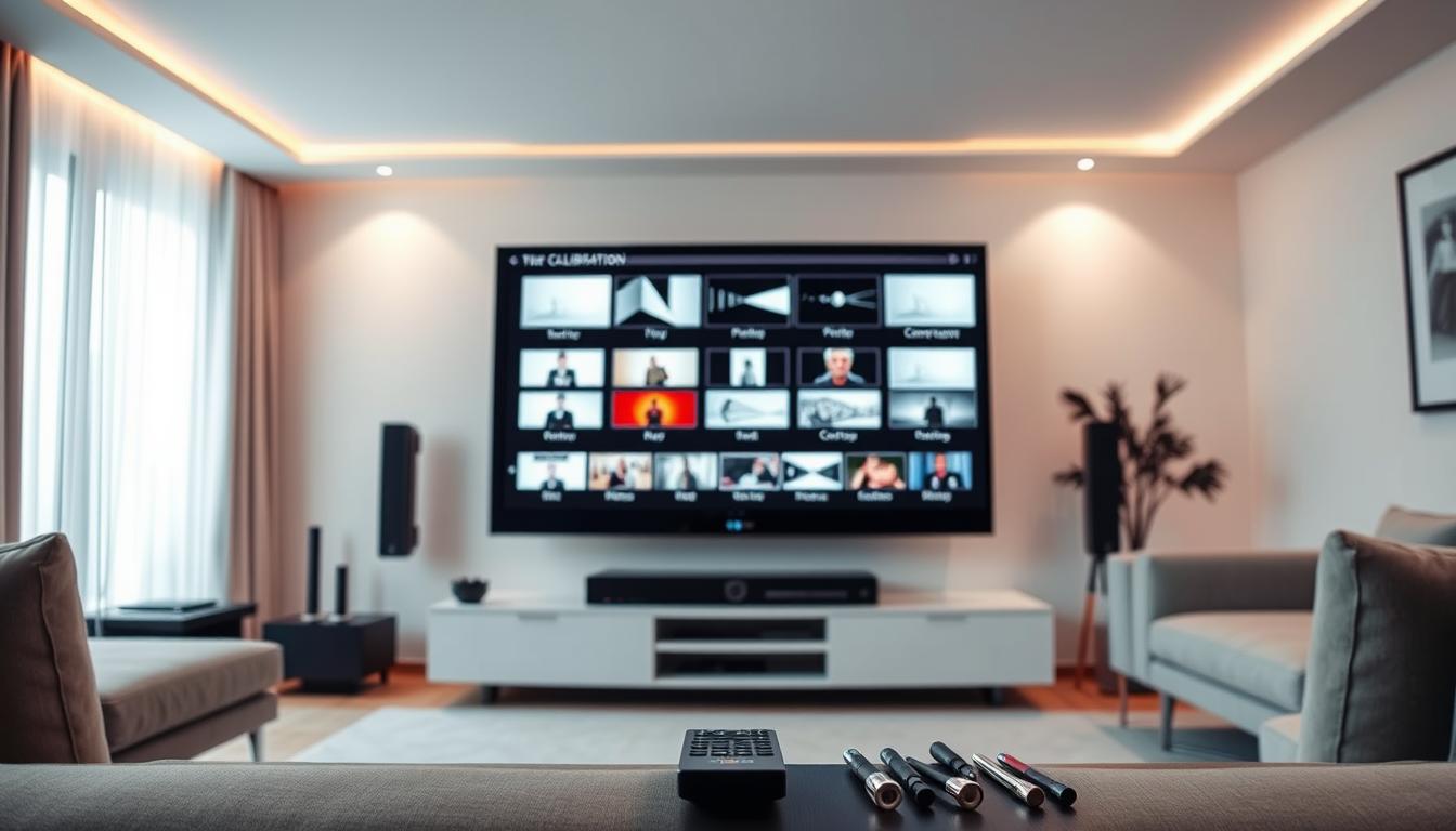 A sleek, modern living room with a large flatscreen TV at the center. The TV screen displays a series of calibration patterns and test images, guiding the viewer through the steps of the calibration process. Soft, indirect lighting creates a warm, inviting atmosphere, and the room is adorned with minimalist decor that complements the technology. In the foreground, a remote control and a set of calibration tools are neatly arranged, hinting at the hands-on nature of the task. The overall composition conveys a sense of focused attention and the desire to achieve the best possible picture quality.