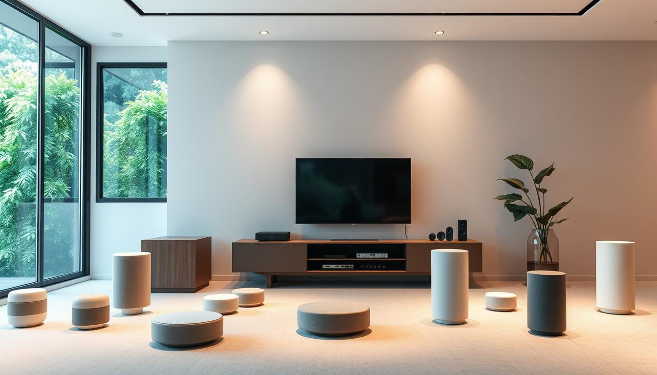 A sleek, modern living room with a subtle, minimalist aesthetic. In the foreground, a collection of wireless speakers in various sizes and shapes, strategically placed to create an immersive, seamless audio network. The speakers feature clean, minimalist designs in neutral tones, blending harmoniously with the room's decor. In the middle ground, a stylish media console or entertainment unit, its shelves showcasing a selection of smart home devices and control panels, all interconnected to manage the wireless speaker system. The lighting is warm and diffused, creating a cozy, inviting atmosphere. The background depicts large windows, allowing natural light to flood the space and offering a glimpse of a lush, verdant outdoor environment, further enhancing the sense of balance and tranquility. The overall impression is one of a seamlessly integrated, high-tech living space that prioritizes both form and function.