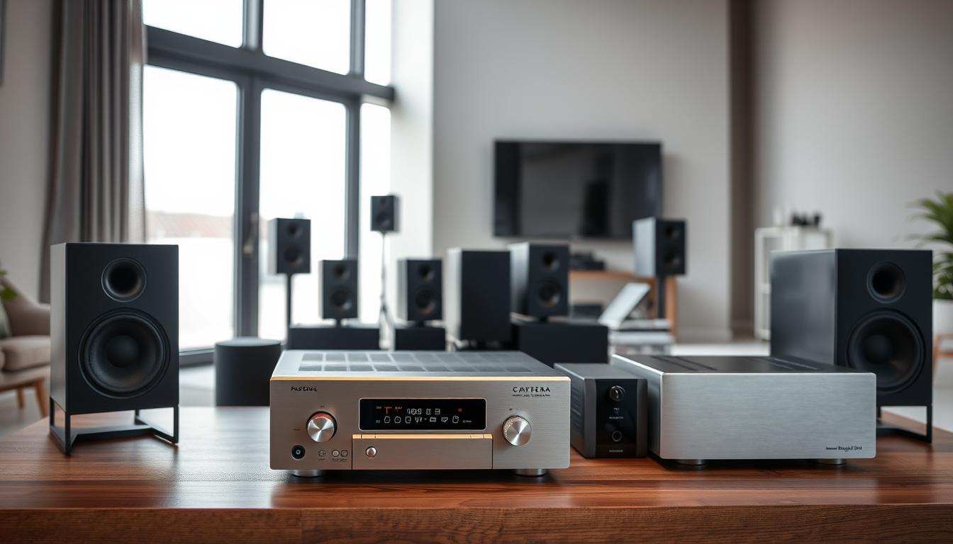 A sleek, modern multi-room audio setup arranged on a minimalist wooden table. In the foreground, an array of silver and black audio components - a wireless receiver, a digital signal processor, and a high-end amplifier. Subtle ambient lighting from above casts a warm glow, highlighting the clean lines and premium materials. In the middle ground, several state-of-the-art wireless speakers in a variety of sizes and shapes are positioned strategically around the room, ready to provide immersive, synchronized sound. The background features a stylish, minimalist room interior with large windows letting in natural light, creating a tranquil, elegant atmosphere ideal for enjoying music throughout the home.