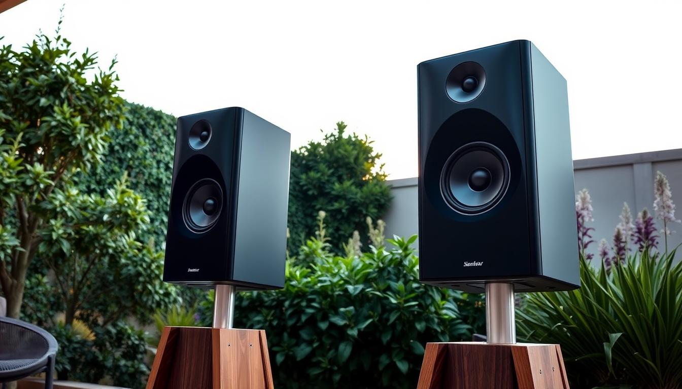 A sleek, modern outdoor speaker setup showcased in a serene, natural environment. In the foreground, a trio of weatherproof, minimalist speakers in matte black and silver finishes stand atop wooden stands, their clean lines and precise angles hinting at their high-quality audio performance. The middle ground features lush, verdant foliage and a well-tended garden, suggesting a tranquil backyard oasis. In the background, a cloudless sky stretches overhead, bathing the scene in warm, diffused natural lighting that accentuates the speakers' premium materials and finishes. The overall mood is one of refined elegance and harmonious integration of technology with the great outdoors.