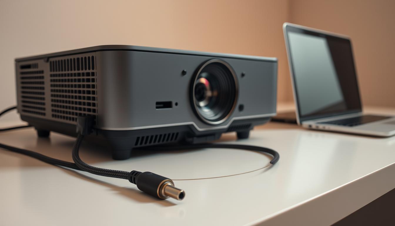 A sleek, modern projector sits atop a clean, minimalist desk, its cords neatly routed and connected to a nearby laptop. The scene is bathed in soft, indirect lighting, creating a warm, professional atmosphere. The cable connecting the projector to the laptop is thick and substantial, its braided sheath and metallic connectors conveying a sense of reliability and high-quality engineering. The entire setup exudes a sense of streamlined efficiency, perfectly suited for a presentation or home theater experience.