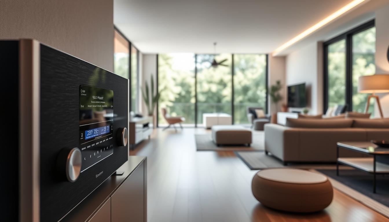 A sleek, modern smart home with a minimalist aesthetic. In the foreground, a high-end audio system with seamlessly integrated smart home controls, featuring a touchscreen display and discreet speakers blending into the decor. The middle ground showcases various smart home devices - a thermostat, lighting, and security system - all interconnected and accessible from a central hub. The background depicts a stylish, open-concept living space with large windows, letting in natural light and offering a glimpse of a lush, verdant outdoor scene. The overall atmosphere is one of effortless technology, comfort, and sophisticated design.