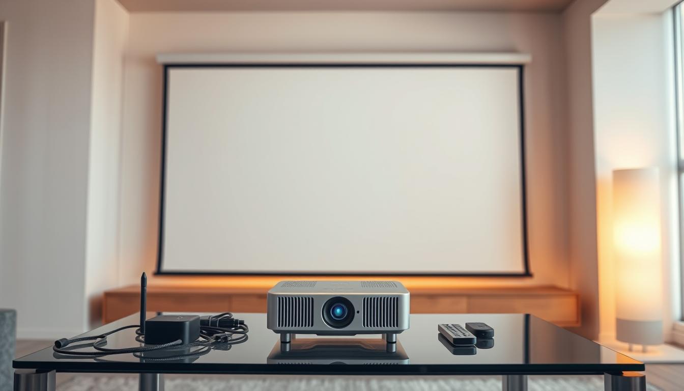 A sleek, modern wireless projector setup, bathed in warm ambient lighting. In the foreground, a compact, minimalist projector levitates elegantly on a glass tabletop, its clean lines and seamless design exuding a sense of sophisticated technology. Surrounding it, a tidy arrangement of wireless adapters, cables, and remote controls, all neatly organized and accessible. In the middle ground, a large, high-resolution projection screen unfurls, its pristine white surface ready to display crystal-clear visuals. The background features a clean, minimalist interior, with subtle textures and neutral tones that create a calming, focused atmosphere, ideal for an immersive presentation or entertainment experience.