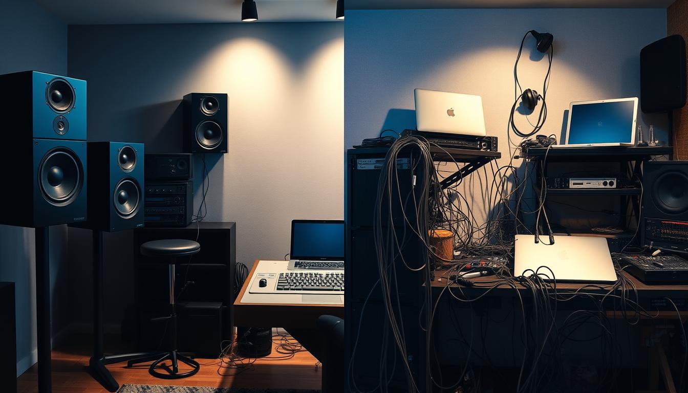 A sleek, professional audio setup on the left, with high-end speakers, mixing console, and cables neatly organized. On the right, a cluttered DIY setup with mismatched components, tangled wires, and a laptop perched precariously. Soft, directional lighting illuminates the pristine professional gear, while the DIY side is harsher, casting shadows. The contrast between the two setups is stark, highlighting the differences in quality, functionality, and aesthetic appeal. The scene conveys the value of a thoughtful, expert-designed audio system versus a hastily assembled, amateur approach.