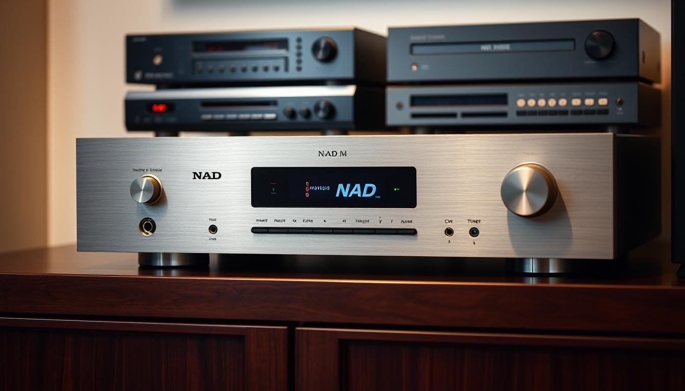 A sleek, retro-inspired NAD digital receiver sits prominently on a dark wood media cabinet. The brushed aluminum faceplate reflects warm task lighting, casting a soft glow across its minimalist controls and digital display. Behind it, a row of other NAD components - perhaps a CD player and tuner - hint at a fully integrated 1990s hi-fi system. The receiver's clean lines and subdued silver tone evoke the design aesthetic of the era, while subtle details like the prominent "NAD" logo convey its premium brand status. The overall scene exudes a sense of timeless, understated elegance befitting the digital integration phase of NAD's esteemed receiver lineage.