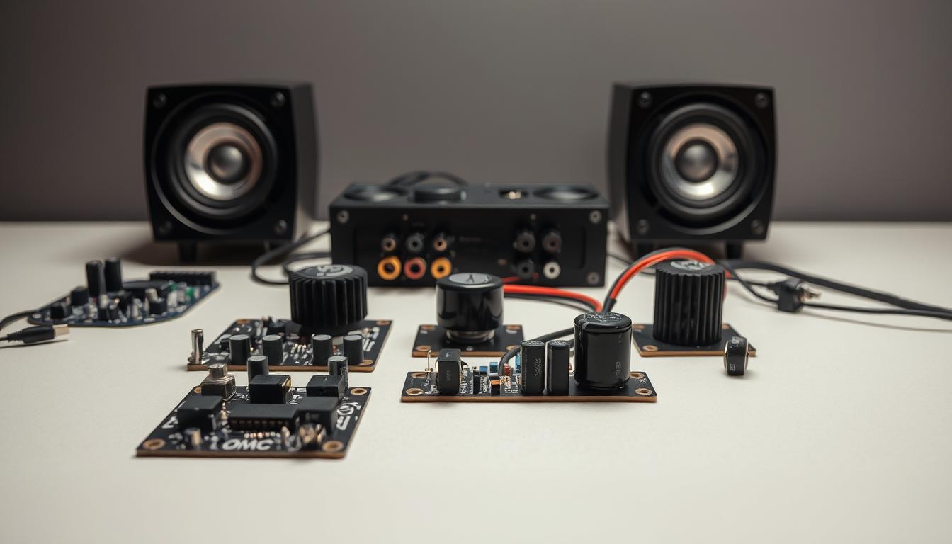A sleek, technical arrangement of speaker crossover components arranged on a clean, minimalist workbench. In the foreground, precise circuit boards and capacitors in various shapes and sizes, meticulously laid out. In the middle ground, high-quality speaker terminals and wiring, showcasing the intricate connections that enable seamless audio transitions. The background features a subdued, muted color palette, drawing focus to the engineering details of the crossover system. Soft, directional lighting casts subtle shadows, emphasizing the depth and dimensionality of the components. An overall sense of precision, functionality, and the careful optimization of speaker performance. A sleek, technical arrangement of speaker crossover components arranged on a clean, minimalist workbench. In the foreground, precise circuit boards and capacitors in various shapes and sizes, meticulously laid out. In the middle ground, high-quality speaker terminals and wiring, showcasing the intricate connections that enable seamless audio transitions. The background features a subdued, muted color palette, drawing focus to the engineering details of the crossover system. Soft, directional lighting casts subtle shadows, emphasizing the depth and dimensionality of the components. An overall sense of precision, functionality, and the careful optimization of speaker performance.