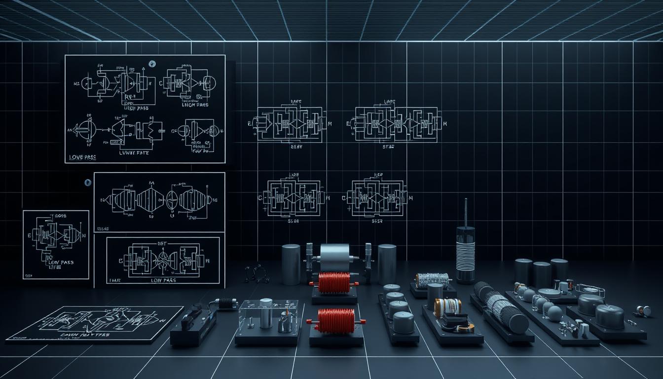 A sleek, technical illustration showcasing various crossover filter types. In the foreground, a collection of detailed schematics and diagrams depicting different crossover circuit designs, including low-pass, high-pass, and bandpass filters. The middle ground features 3D renderings of the electronic components, capacitors, inductors, and resistors, arranged in intricate patterns. In the background, a minimalist wireframe grid provides a sense of depth and technical precision. The lighting is clean and evenly distributed, highlighting the sophisticated engineering of the crossover filters. The overall mood is one of precision, elegance, and the seamless blending of audio frequencies. A sleek, technical illustration showcasing various crossover filter types. In the foreground, a collection of detailed schematics and diagrams depicting different crossover circuit designs, including low-pass, high-pass, and bandpass filters. The middle ground features 3D renderings of the electronic components, capacitors, inductors, and resistors, arranged in intricate patterns. In the background, a minimalist wireframe grid provides a sense of depth and technical precision. The lighting is clean and evenly distributed, highlighting the sophisticated engineering of the crossover filters. The overall mood is one of precision, elegance, and the seamless blending of audio frequencies.