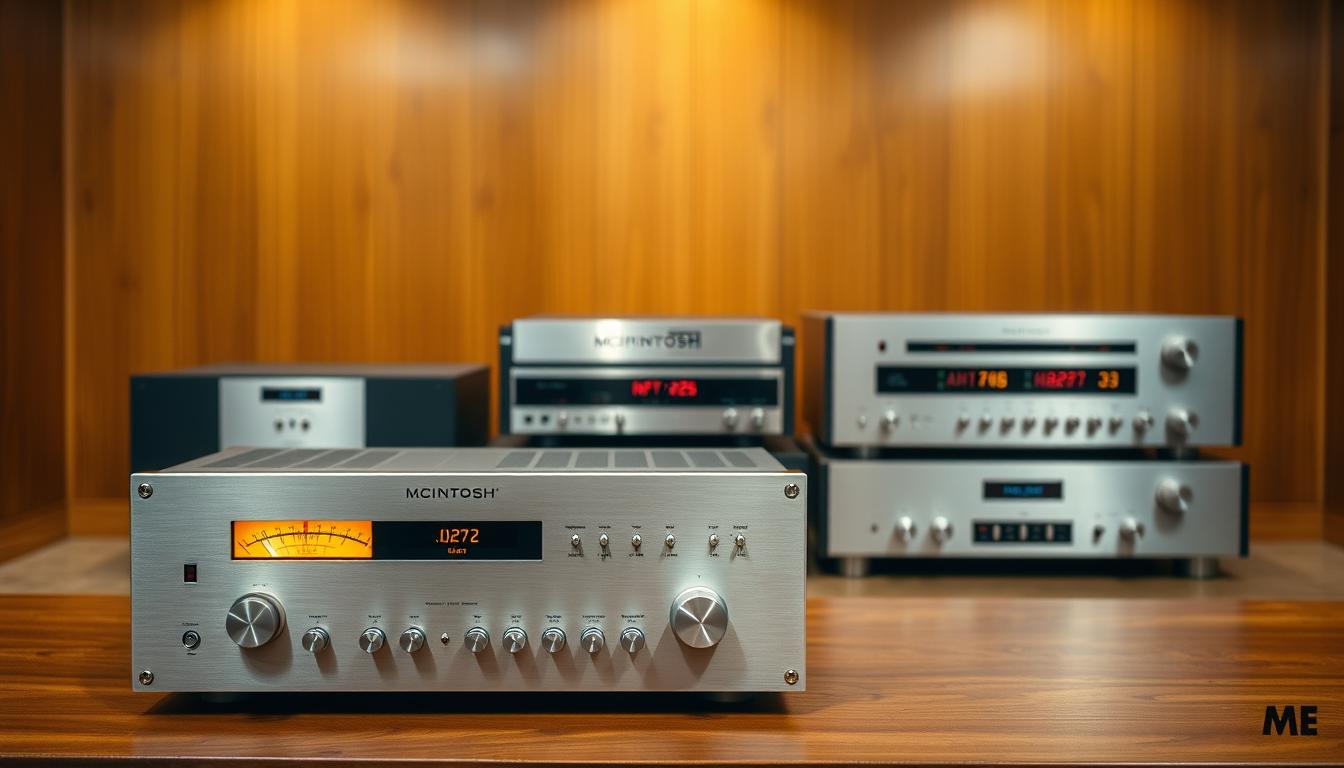 A sleek, vintage arrangement of iconic McIntosh amplifier and receiver models from the 1950s and 1960s. In the foreground, a meticulously detailed McIntosh C22 preamplifier and MC240 stereo power amplifier sit atop a polished wood surface, their brushed aluminum faceplates and glowing VU meters exuding a sense of timeless elegance. In the middle ground, a McIntosh MR67 AM/FM tuner and a MC275 power amplifier stand side by side, their distinctive silver and black aesthetic hinting at the exceptional audio performance within. In the background, a softly lit backdrop of warm, wood-paneled walls provides a classic, high-fidelity ambiance, conveying the origins of McIntosh's uncompromising pursuit of audio excellence. A sleek, vintage arrangement of iconic McIntosh amplifier and receiver models from the 1950s and 1960s. In the foreground, a meticulously detailed McIntosh C22 preamplifier and MC240 stereo power amplifier sit atop a polished wood surface, their brushed aluminum faceplates and glowing VU meters exuding a sense of timeless elegance. In the middle ground, a McIntosh MR67 AM/FM tuner and a MC275 power amplifier stand side by side, their distinctive silver and black aesthetic hinting at the exceptional audio performance within. In the background, a softly lit backdrop of warm, wood-paneled walls provides a classic, high-fidelity ambiance, conveying the origins of McIntosh's uncompromising pursuit of audio excellence.