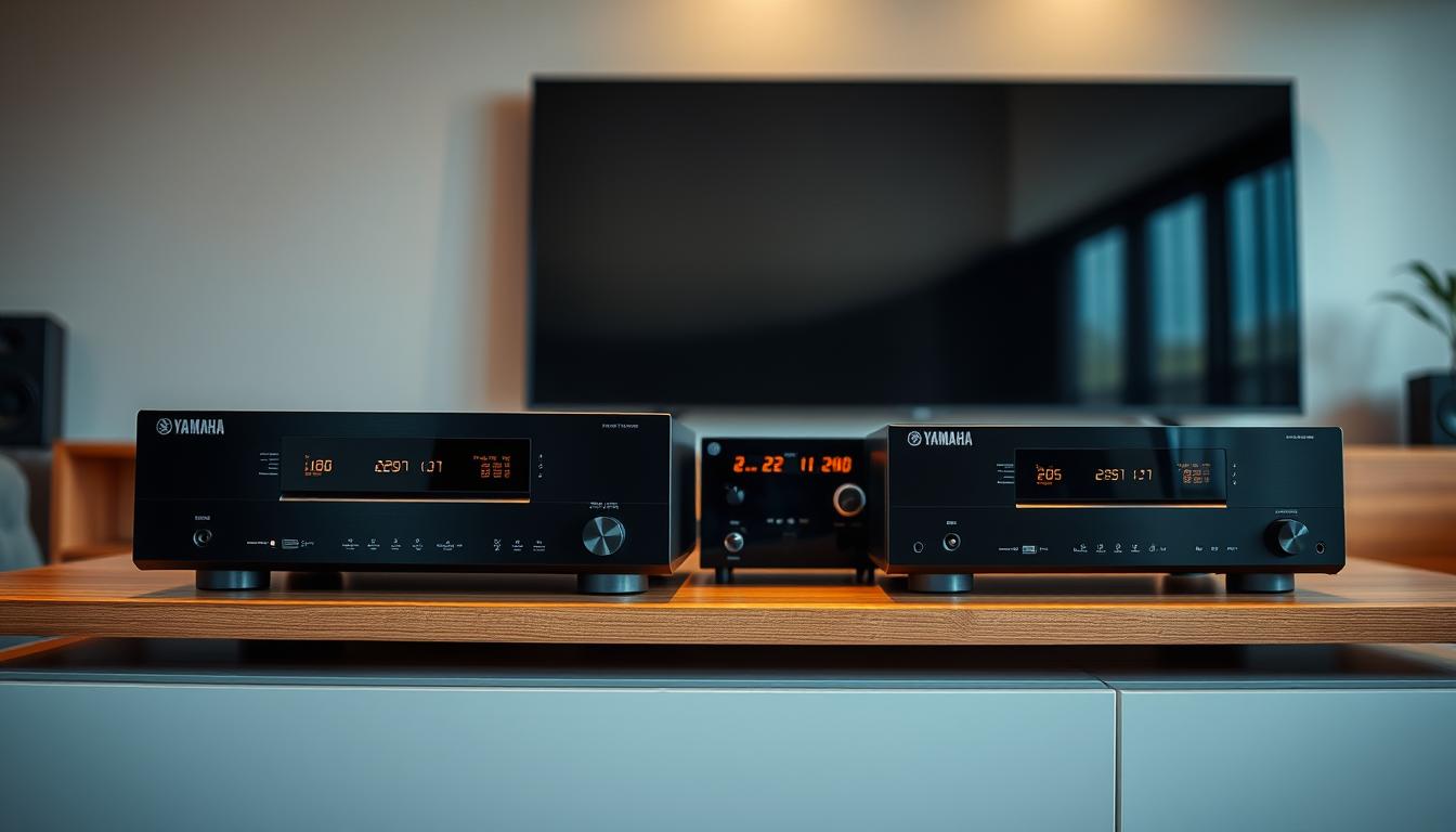 A sleek, well-lit arrangement of Yamaha home theater receivers in a modern, minimalist living room setting. The receivers are positioned on a clean, wooden media console, bathed in warm, soft lighting that highlights their glossy, metallic finishes. The scene conveys a sense of high-quality audio performance and seamless integration into a stylish, contemporary home decor. The receivers are presented at an angle, showcasing their clean lines and intuitive control panels. The background features subtle, neutral-toned walls and a hint of a large, flat-screen television, creating a balanced and visually appealing composition. A sleek, well-lit arrangement of Yamaha home theater receivers in a modern, minimalist living room setting. The receivers are positioned on a clean, wooden media console, bathed in warm, soft lighting that highlights their glossy, metallic finishes. The scene conveys a sense of high-quality audio performance and seamless integration into a stylish, contemporary home decor. The receivers are presented at an angle, showcasing their clean lines and intuitive control panels. The background features subtle, neutral-toned walls and a hint of a large, flat-screen television, creating a balanced and visually appealing composition.