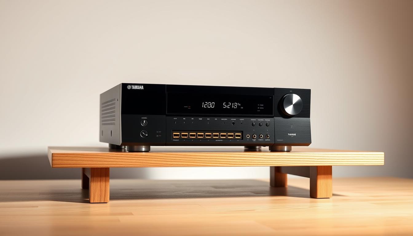 A sleek, well-lit studio scene featuring a Yamaha AV receiver showcasing its various connection ports. The receiver is placed on a clean, minimalist wooden table, with a crisp white background accentuating its elegant black and silver design. The camera angle is slightly elevated, providing a clear, detailed view of the receiver's front panel, highlighting the intuitive control layout and clearly visible input/output connections. Subtle studio lighting casts warm, diffused illumination, creating a sense of depth and emphasizing the receiver's high-quality construction. The overall atmosphere is professional, showcasing the Yamaha receiver's sophisticated features and connectivity options in a visually appealing and informative manner. A sleek, well-lit studio scene featuring a Yamaha AV receiver showcasing its various connection ports. The receiver is placed on a clean, minimalist wooden table, with a crisp white background accentuating its elegant black and silver design. The camera angle is slightly elevated, providing a clear, detailed view of the receiver's front panel, highlighting the intuitive control layout and clearly visible input/output connections. Subtle studio lighting casts warm, diffused illumination, creating a sense of depth and emphasizing the receiver's high-quality construction. The overall atmosphere is professional, showcasing the Yamaha receiver's sophisticated features and connectivity options in a visually appealing and informative manner.