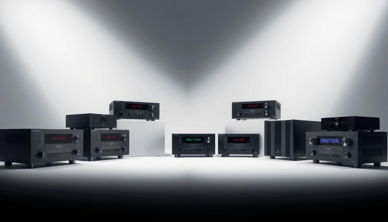 A sleek, well-lit studio setting showcasing a stylish arrangement of the latest NAD receiver models. The foreground features the current lineup, each receiver meticulously detailed with its distinctive design elements and control interfaces. The middle ground provides a clean, minimalist backdrop, allowing the receivers to take center stage. Soft, directional lighting from the side and above casts subtle shadows, accentuating the receivers' tactile textures and premium finishes. The background maintains a subtle, unobtrusive gradient, maintaining focus on the featured products. The overall mood is one of modern, high-end audio equipment, conveying the quality and innovation of the NAD brand.