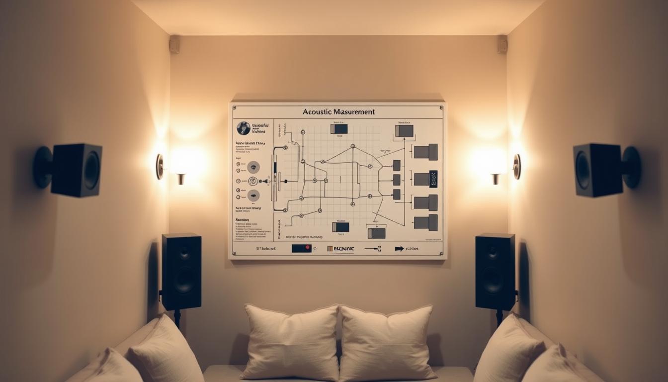 A small, cozy room with a detailed acoustic measurement diagram prominently displayed on the wall. The diagram shows various microphone positions, speaker placements, and acoustic panels arranged in a symmetrical, well-organized layout. Soft, diffused lighting from wall sconces casts a warm, inviting glow, highlighting the technical details of the diagram. The room's furnishings are minimalist, allowing the acoustic diagram to be the focal point, conveying a sense of thoughtful, meticulous room analysis. The overall atmosphere is one of focused, scientific exploration within a confined, yet comfortable space.