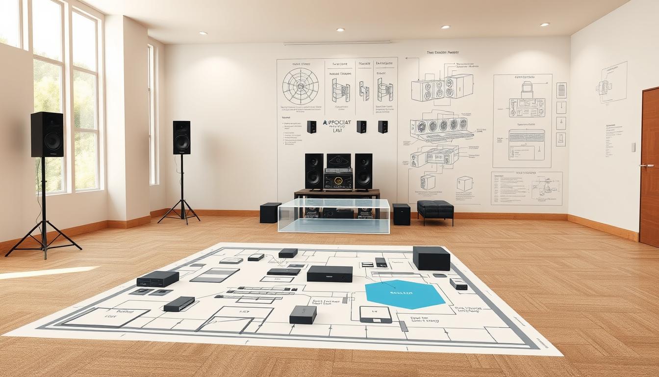 A spacious, well-lit room showcasing a comprehensive audio system analysis. In the foreground, a detailed floor plan layout highlighting strategic placement of speakers, subwoofers, and sound dampening materials. The middle ground features a three-dimensional model of the room, with annotated zones and speaker configurations. In the background, technical diagrams and schematics illustrate the underlying wiring, amplifier setup, and signal flow. The scene conveys a sense of careful planning and optimization, with a focus on maximizing audio quality without invasive renovations.