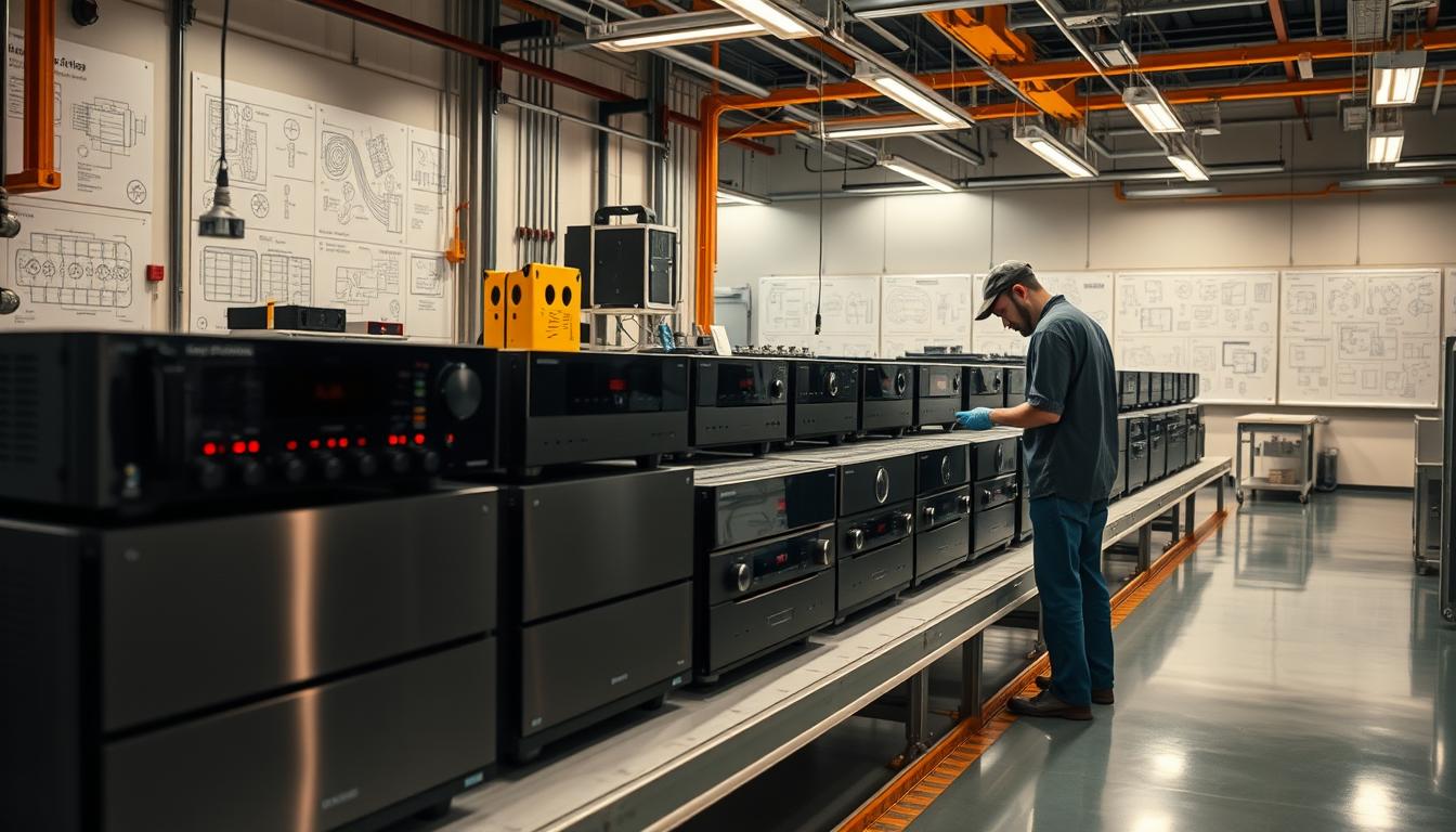 A state-of-the-art AV receiver factory floor, bathed in warm industrial lighting. Rows of sleek, modern receivers await final inspection and testing, their brushed metal casings gleaming. In the foreground, a technician carefully calibrates the audio settings, ensuring optimal performance. The background features a wall of technical schematics and diagrams, hinting at the intricate engineering behind these devices. An atmosphere of precision, efficiency, and the promise of crystal-clear audio fills the space. A state-of-the-art AV receiver factory floor, bathed in warm industrial lighting. Rows of sleek, modern receivers await final inspection and testing, their brushed metal casings gleaming. In the foreground, a technician carefully calibrates the audio settings, ensuring optimal performance. The background features a wall of technical schematics and diagrams, hinting at the intricate engineering behind these devices. An atmosphere of precision, efficiency, and the promise of crystal-clear audio fills the space.