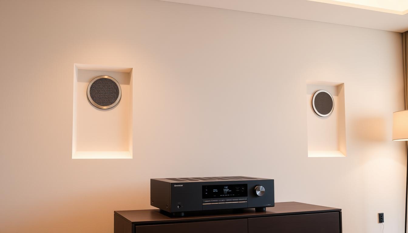 A stylish and discreet audio installation in a modern living space. The wall features a sleek, recessed in-wall speaker system that blends seamlessly with the neutral-toned decor. Indirect lighting casts a warm, ambient glow, creating a cozy, inviting atmosphere. The speaker grilles are barely visible, their muted tones complementing the minimalist design. In the foreground, a high-end audio receiver sits atop a low cabinet, its clean lines and muted finish mirroring the overall aesthetic. The scene conveys a sense of effortless sophistication, where premium audio technology is seamlessly integrated without disrupting the home's design.