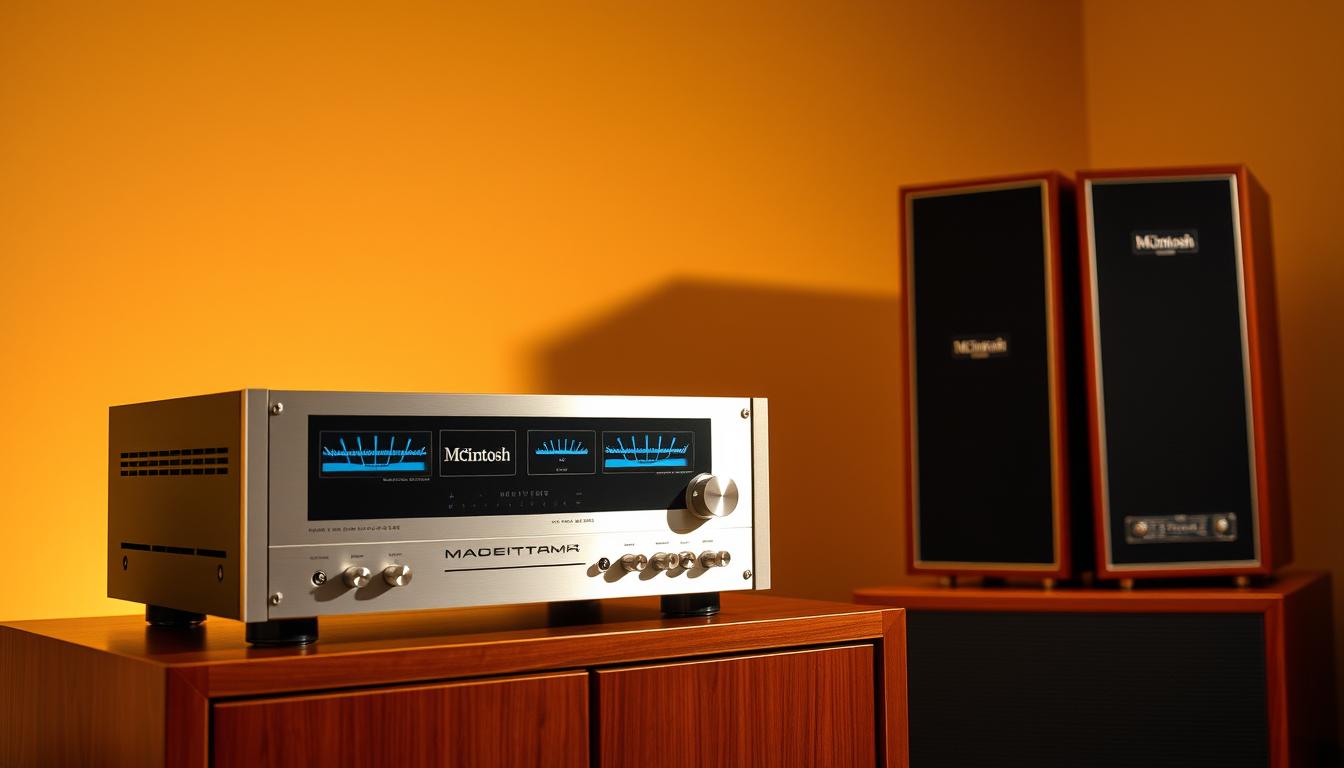 A stylish display of vintage McIntosh receivers from the 1970s, captured in a warm, golden-hued studio setting. In the foreground, a sleek McIntosh MC2100 amplifier and an MR78 tuner sit atop a rich, mahogany-colored wooden cabinet, their brushed aluminum faceplates and iconic "McIntosh blue" VU meters gleaming under soft, directional lighting. In the middle ground, a pair of McIntosh XR5 loudspeakers stand tall, their black grilles and chrome trim complementing the retro aesthetic. The background features a subtle, blurred backdrop, hinting at the luxurious, high-fidelity lifestyle that these iconic audio components embodied during the golden age of McIntosh. A stylish display of vintage McIntosh receivers from the 1970s, captured in a warm, golden-hued studio setting. In the foreground, a sleek McIntosh MC2100 amplifier and an MR78 tuner sit atop a rich, mahogany-colored wooden cabinet, their brushed aluminum faceplates and iconic "McIntosh blue" VU meters gleaming under soft, directional lighting. In the middle ground, a pair of McIntosh XR5 loudspeakers stand tall, their black grilles and chrome trim complementing the retro aesthetic. The background features a subtle, blurred backdrop, hinting at the luxurious, high-fidelity lifestyle that these iconic audio components embodied during the golden age of McIntosh.