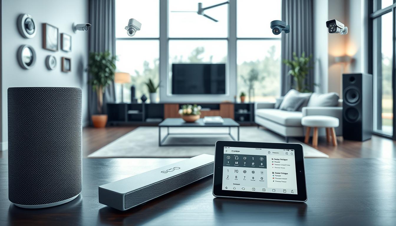 A stylish home interior with a focus on smart audio integration. In the foreground, a modern living room features a sleek, minimalist soundbar connected to a voice-controlled smart speaker. Surrounding it, various smart home devices like thermostats, lighting, and security cameras are seamlessly integrated, creating a cohesive, high-tech environment. The middle ground showcases a tablet or smartphone interface displaying audio controls and smart home settings. In the background, large windows provide ample natural lighting, complementing the clean, contemporary design. The entire scene conveys a sense of effortless connectivity and automation, reflecting the seamless integration of smart home audio solutions.