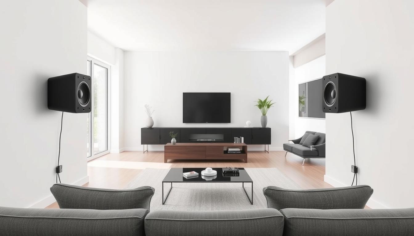 A stylish home interior with a minimalist design featuring a wall-mounted sound system. In the foreground, sleek black speakers are seamlessly integrated into the white walls, creating a clean and modern aesthetic. In the middle ground, a modern coffee table and minimalist decor elements complement the overall look. The background showcases large windows flooding the room with natural light, highlighting the sophisticated wired sound solution. The scene conveys a sense of technological harmony and a welcoming, well-designed living space.