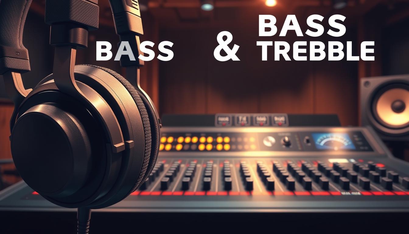 A stylized digital illustration showcasing the key elements of bass and treble optimization. In the foreground, a pair of studio-quality, high-fidelity headphones with detailed textures and reflective surfaces. The earcups feature prominent bass and treble adjustment knobs, inviting the viewer to visualize the precise control over the sound spectrum. In the middle ground, a sleek, modern audio mixing console with precise equalizer sliders and meters, symbolizing the technical process of fine-tuning the audio. The background depicts a dimly lit, atmospheric recording studio, with warm lighting and shadows casting a professional, focused ambiance. The overall composition conveys the idea of precision, control, and optimization of the bass and treble frequencies for clear, impactful dialogue. A stylized digital illustration showcasing the key elements of bass and treble optimization. In the foreground, a pair of studio-quality, high-fidelity headphones with detailed textures and reflective surfaces. The earcups feature prominent bass and treble adjustment knobs, inviting the viewer to visualize the precise control over the sound spectrum. In the middle ground, a sleek, modern audio mixing console with precise equalizer sliders and meters, symbolizing the technical process of fine-tuning the audio. The background depicts a dimly lit, atmospheric recording studio, with warm lighting and shadows casting a professional, focused ambiance. The overall composition conveys the idea of precision, control, and optimization of the bass and treble frequencies for clear, impactful dialogue.