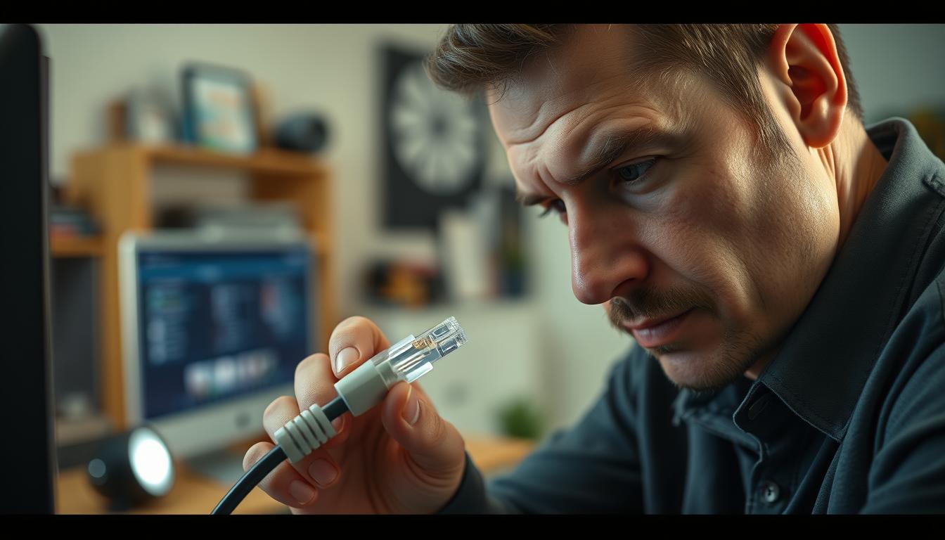 A technician closely examining an ethernet cable, troubleshooting the connection. The scene is set in a well-lit home office, with a desktop computer and other tech accessories in the background. The technician's face is focused, brow furrowed, as they meticulously inspect the cable for any signs of damage or loose connections. The image conveys a sense of problem-solving, with the technician determined to resolve the issue and restore a reliable ethernet connection for seamless 4K streaming.