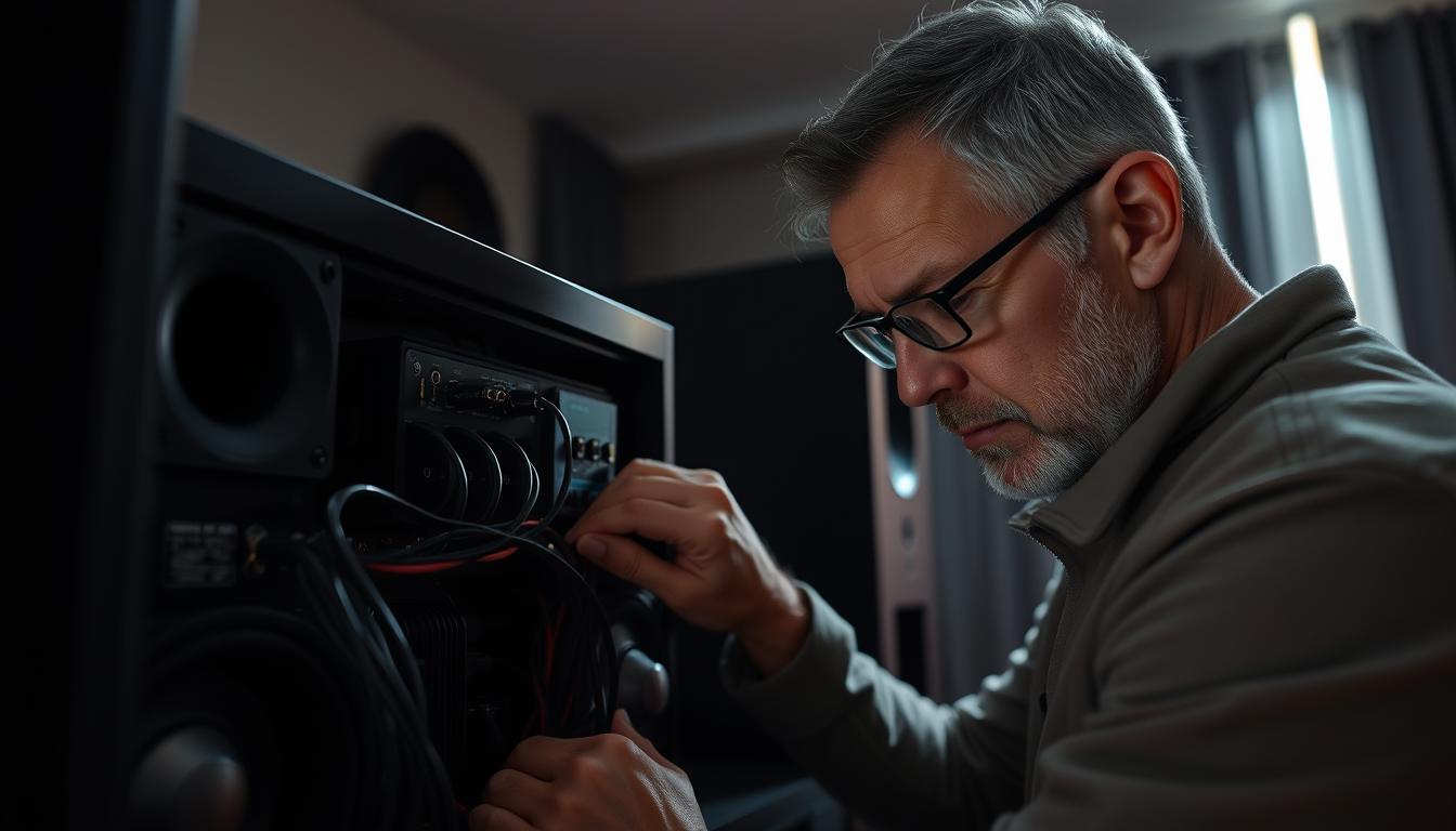 A technician closely inspecting the wiring and connections of a 5.1 surround sound system, with a focus on the rear speaker setup. The scene is set in a dimly lit home theater, with soft ambient lighting highlighting the components. The technician is wearing a thoughtful expression, carefully tracing the cables and probing the speaker terminals, attempting to diagnose the cause of the audio issue. The background features the silhouettes of other home entertainment equipment, creating a sense of depth and context. The overall mood is one of analytical problem-solving, with a touch of technical intrigue. A technician closely inspecting the wiring and connections of a 5.1 surround sound system, with a focus on the rear speaker setup. The scene is set in a dimly lit home theater, with soft ambient lighting highlighting the components. The technician is wearing a thoughtful expression, carefully tracing the cables and probing the speaker terminals, attempting to diagnose the cause of the audio issue. The background features the silhouettes of other home entertainment equipment, creating a sense of depth and context. The overall mood is one of analytical problem-solving, with a touch of technical intrigue.